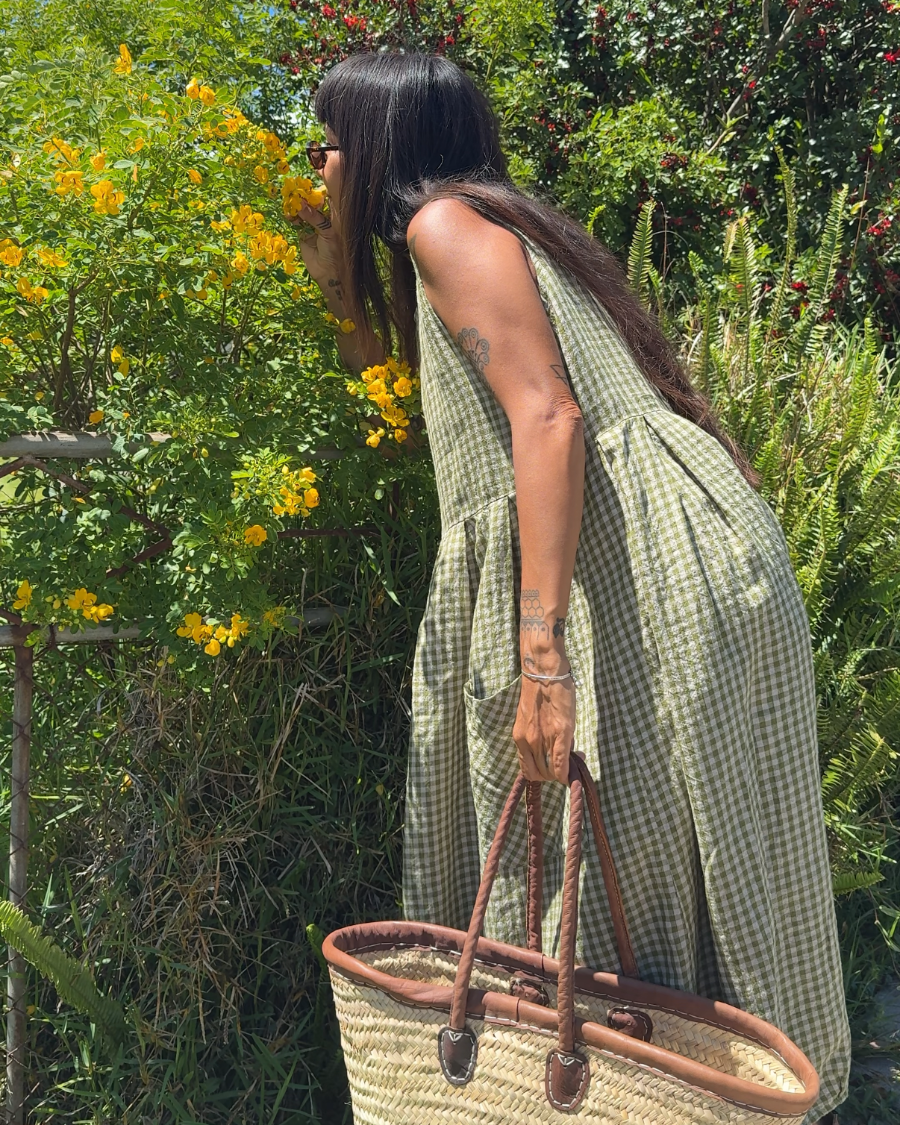Montaigne Sartene French Linen Dress in Gingham Pistachio8