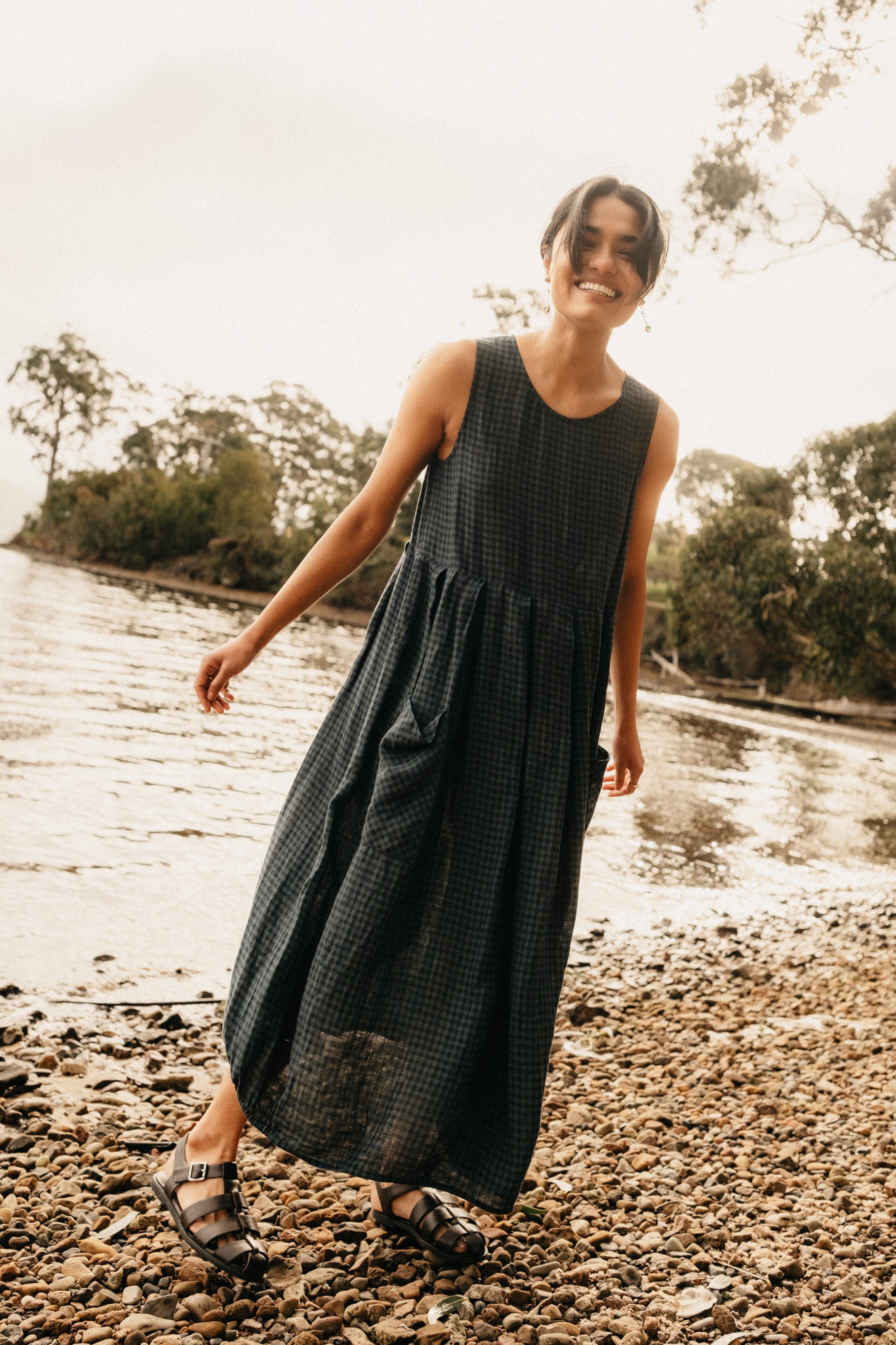 Montaigne Sartene French Linen Dress in Blue Green Check