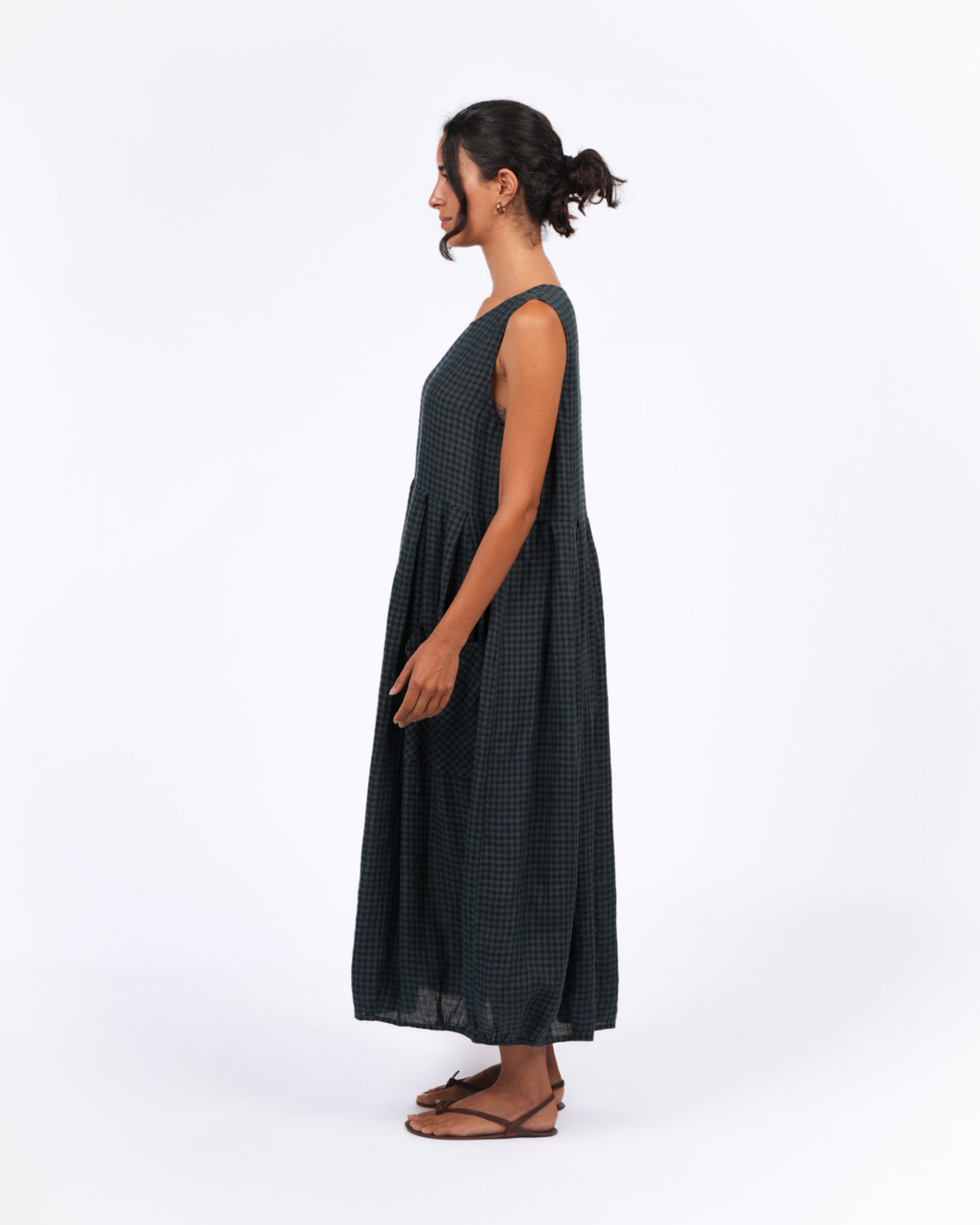 Montaigne Sartene French Linen Dress in Blue Green Check