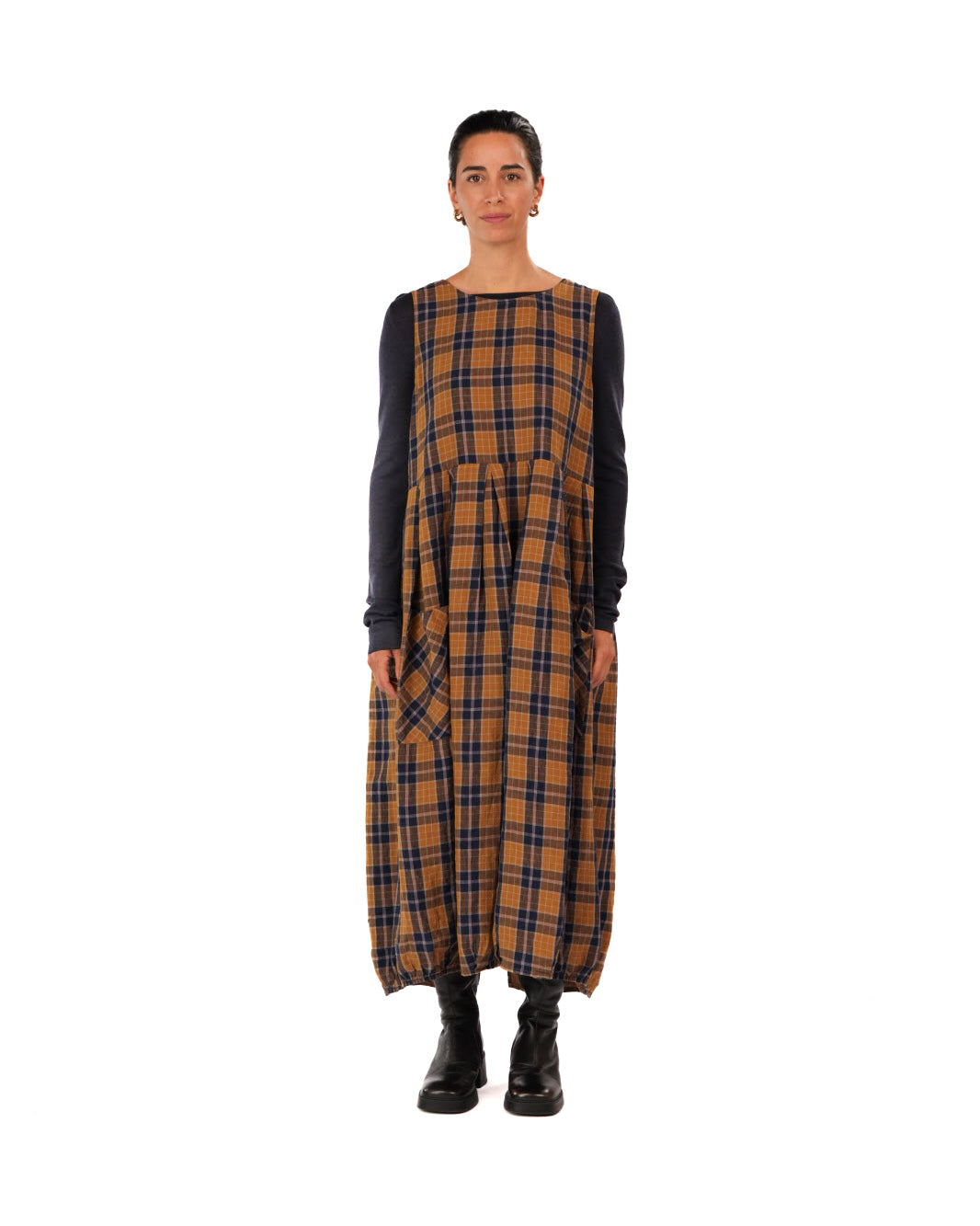 Montaigne Sartene French Linen Dress in Yellow/Blue Check