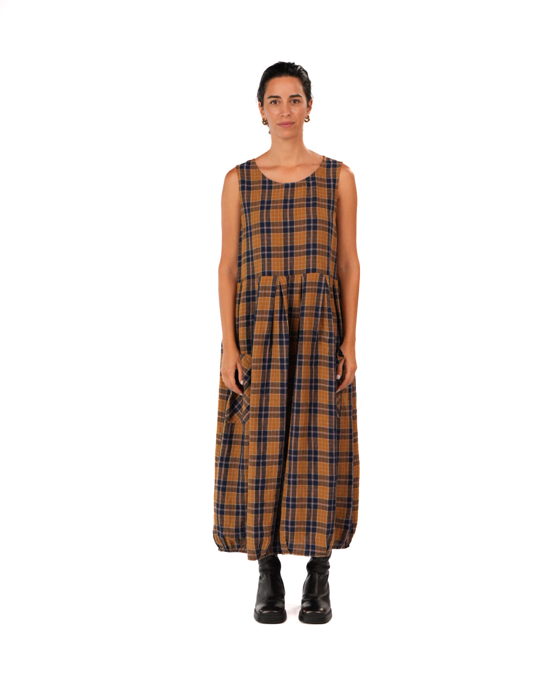 Montaigne Sartene French Linen Dress in Yellow/Blue Check5