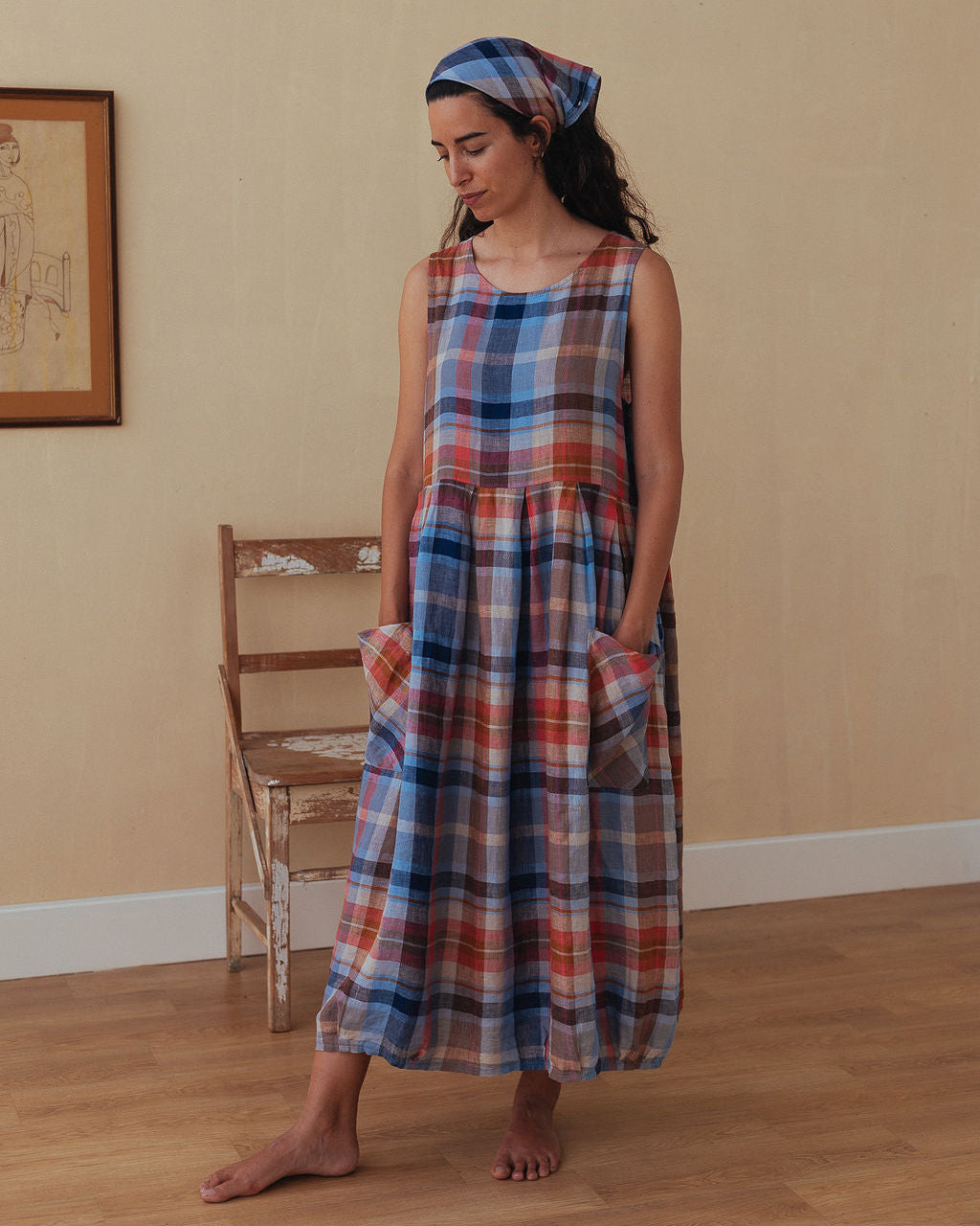 Sartène in Multi Check Linen Dress