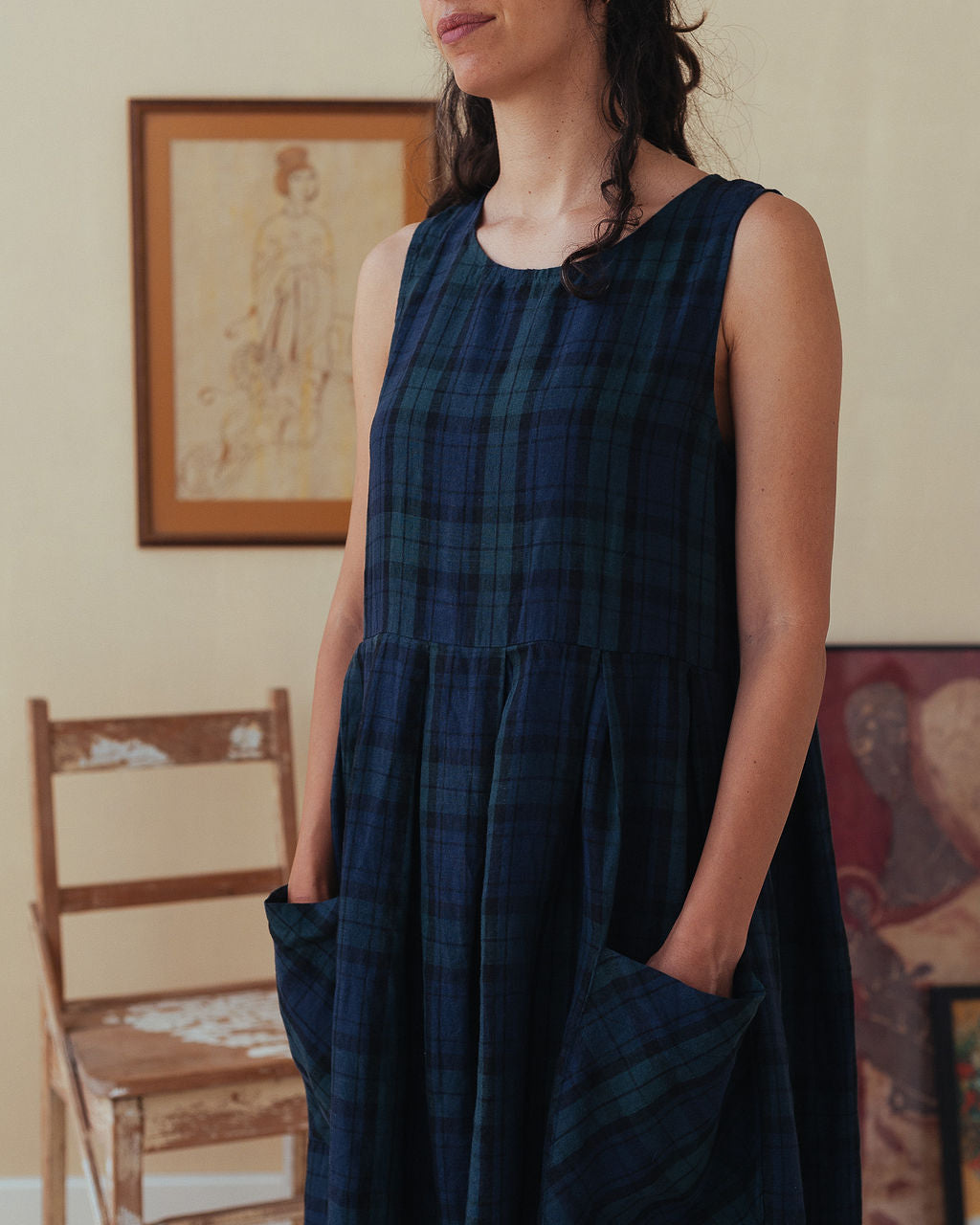 Montaigne Sartene Tartan French Linen Dress Blue