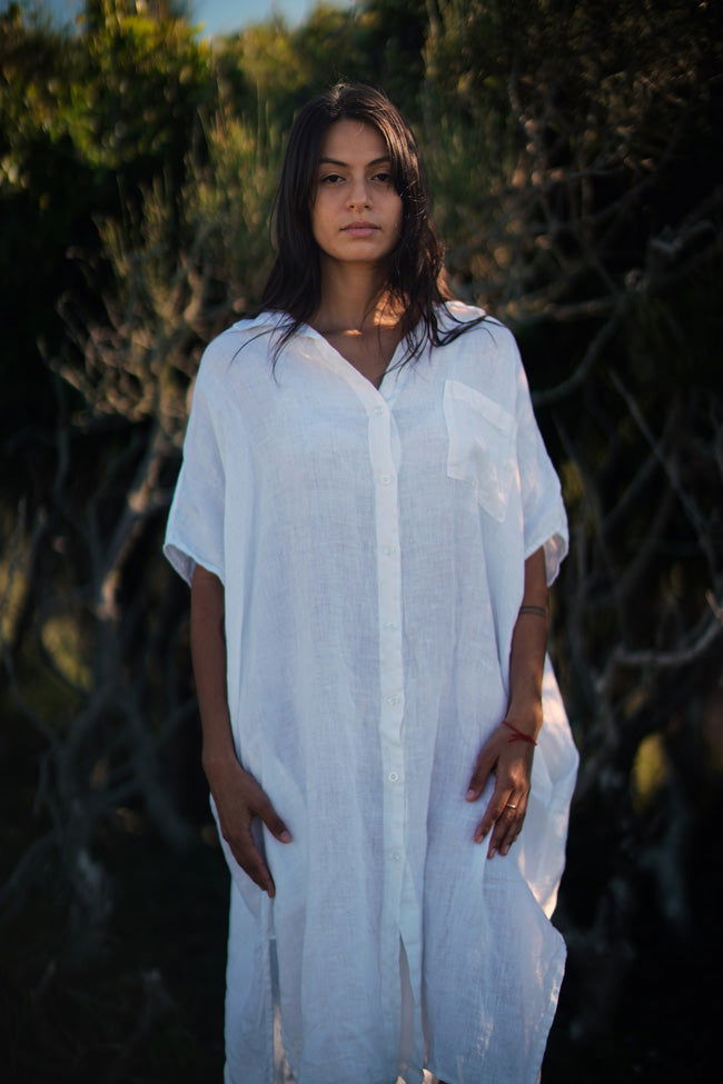 Montaigne Simone Short Sleeve Linen Dress White