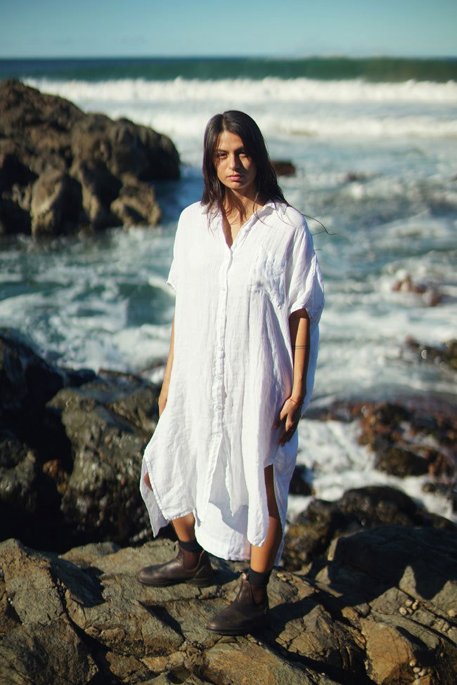 Montaigne Simone Short Sleeve Linen Dress White1