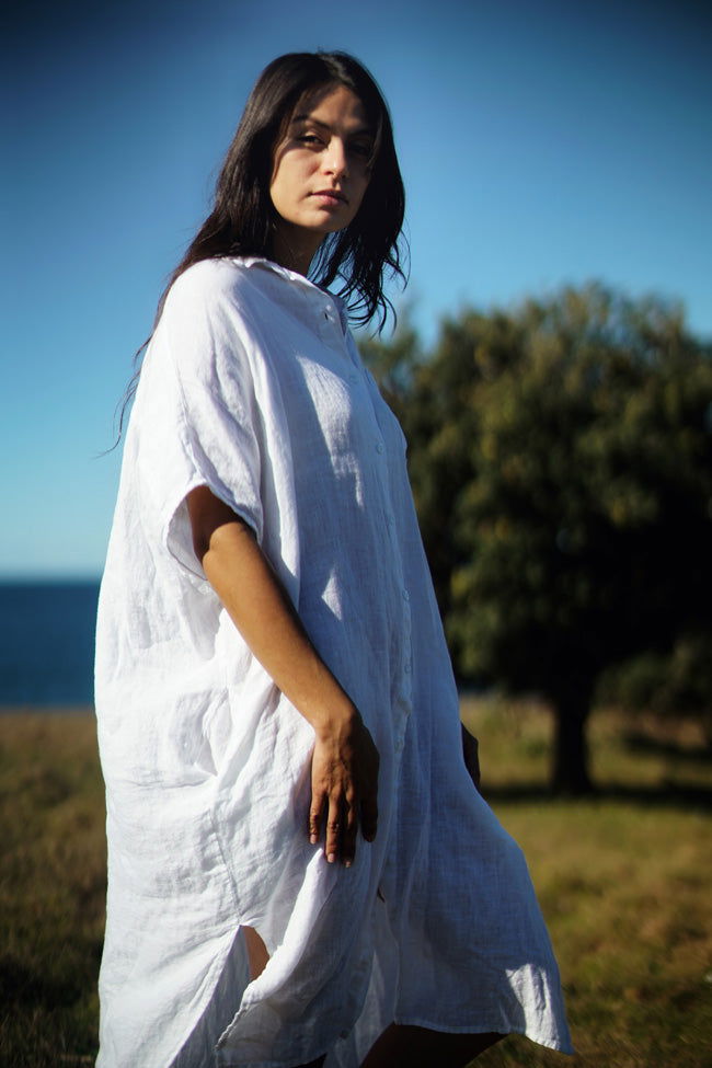 Montaigne Simone Short Sleeve Linen Dress White4