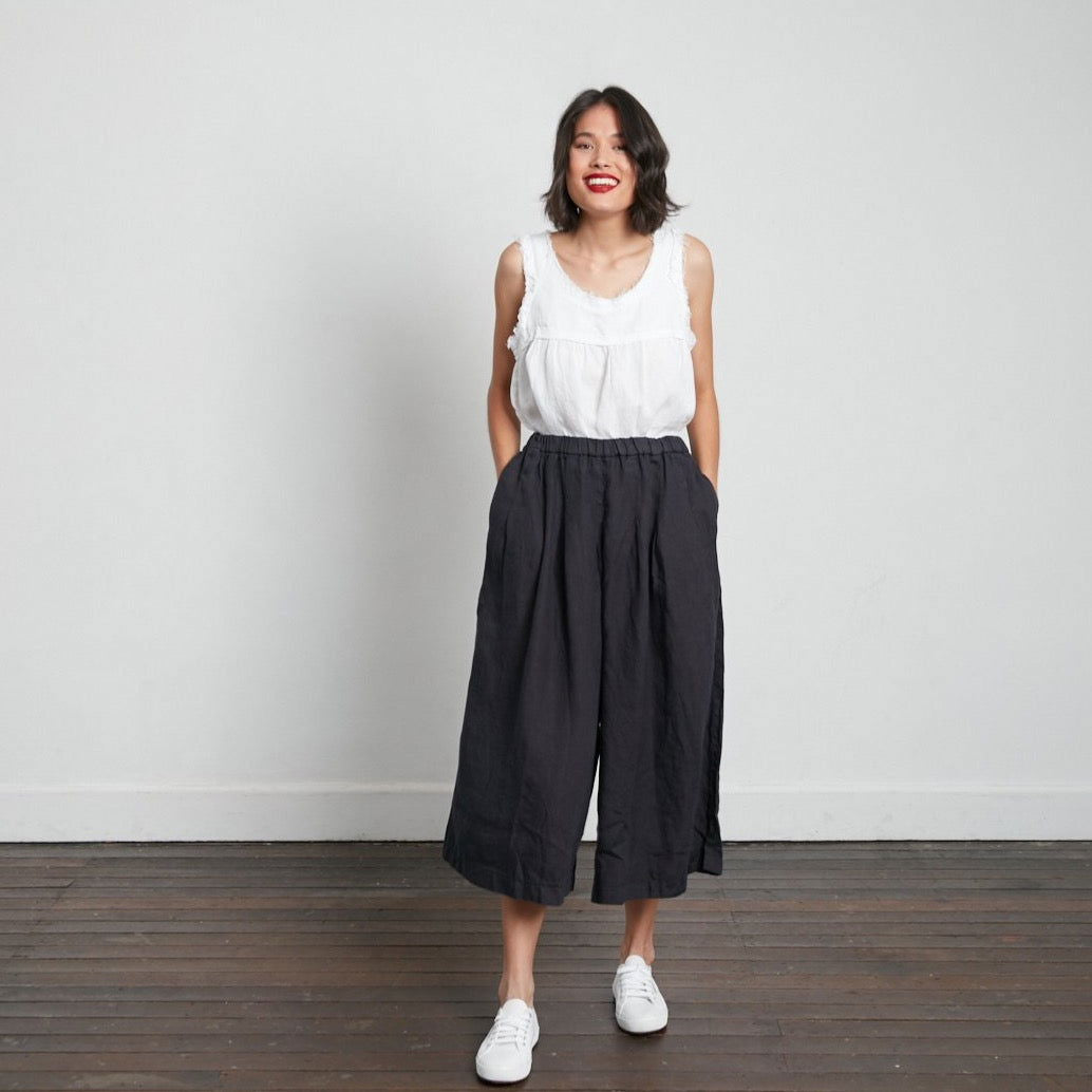 Montaigne Solid Linen Culottes Navy