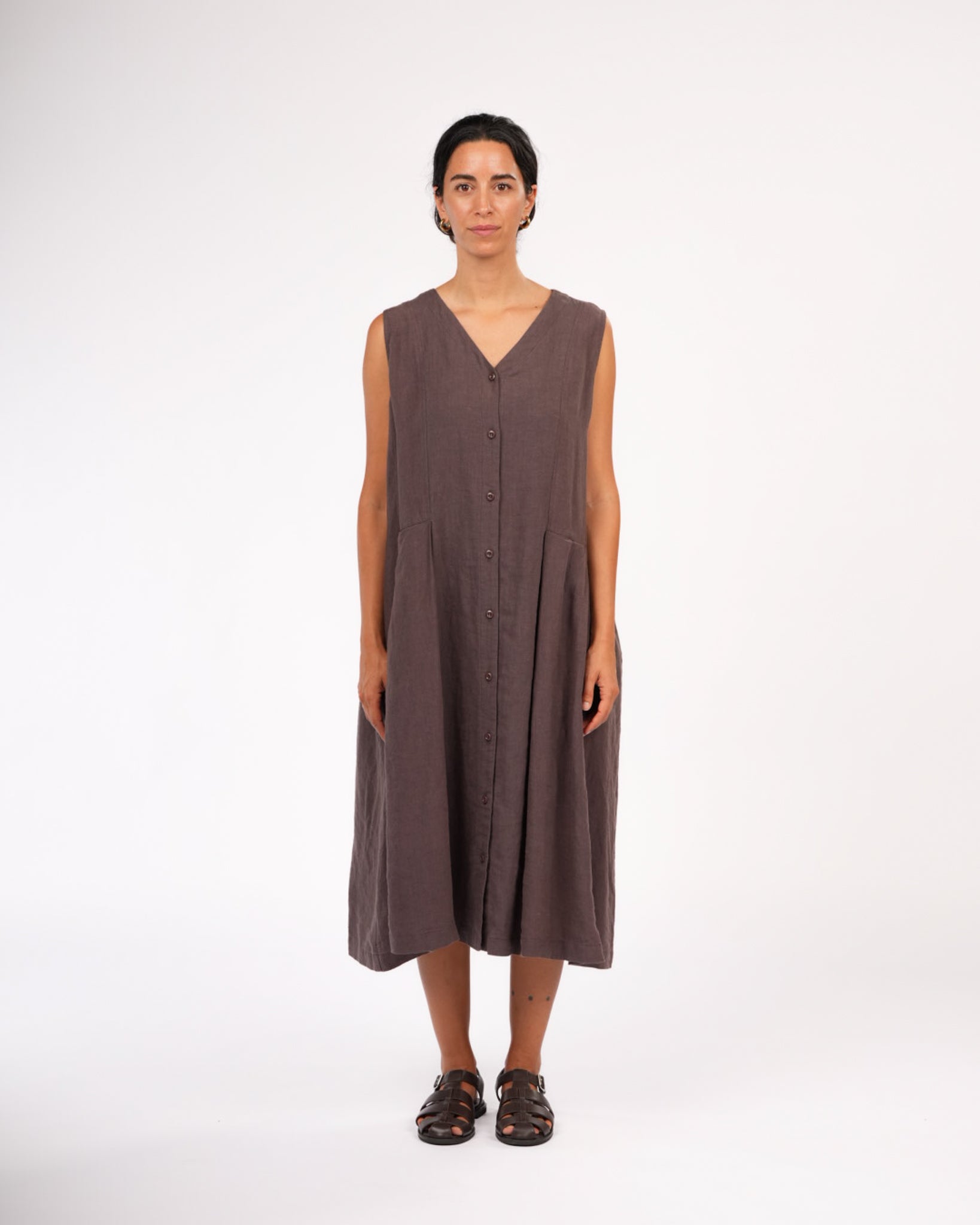 Montaigne Sorrento Button-Through French Linen V-Neck Dress Brown
