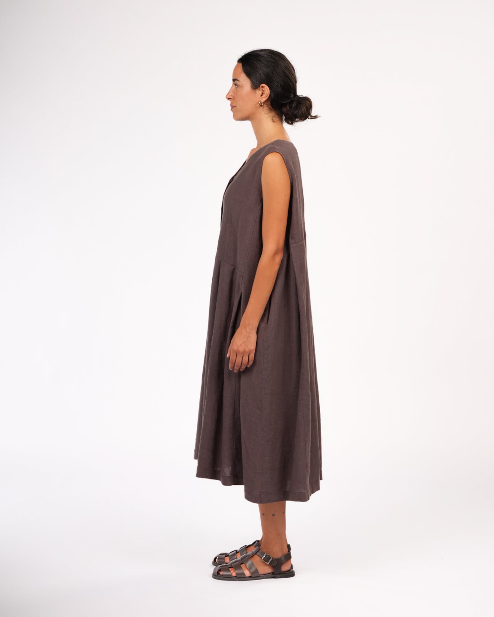 Montaigne Sorrento Button-Through French Linen V-Neck Dress Brown1