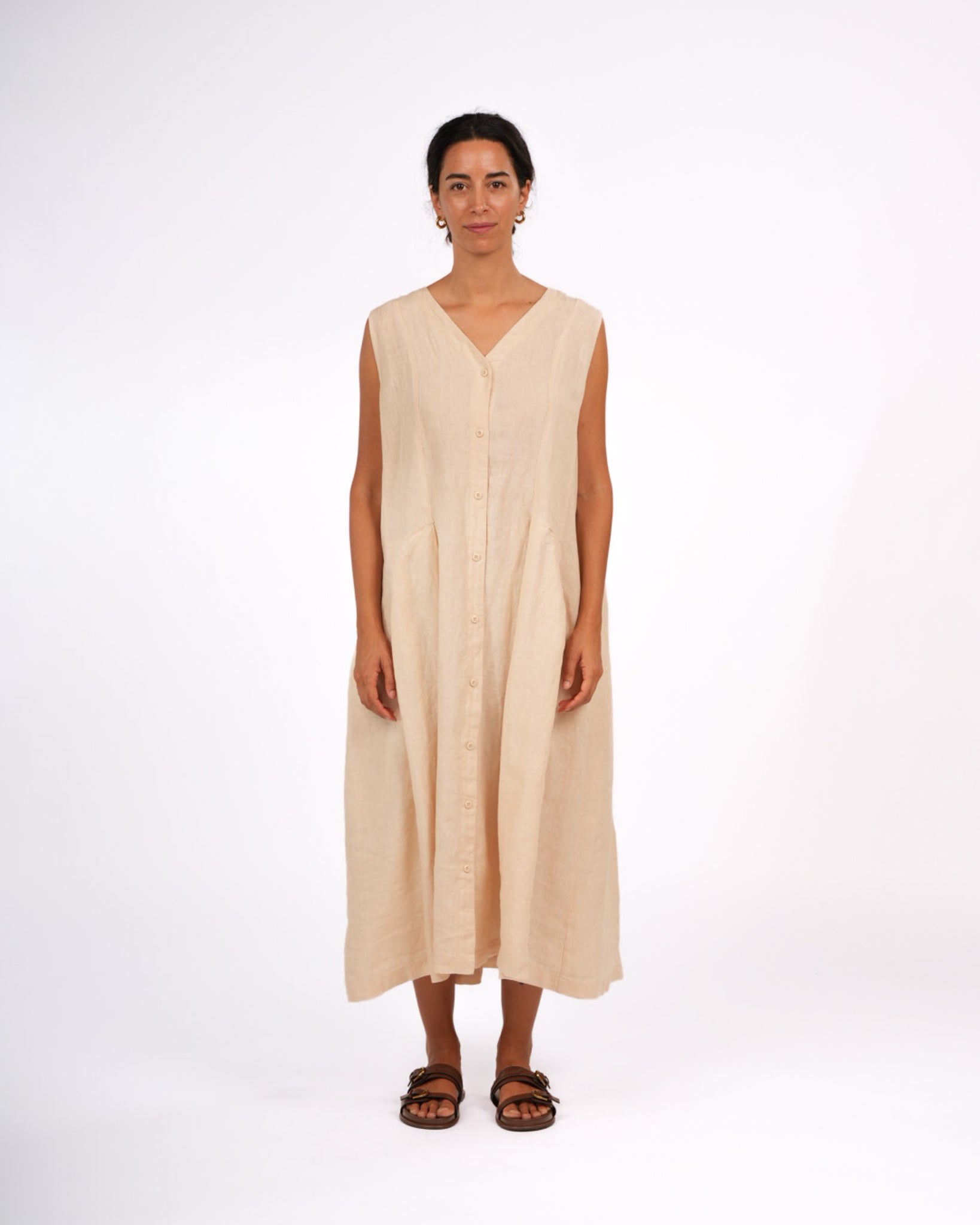 Montaigne Sorrento Button-Through French Linen V-Neck Dress Vanilla1