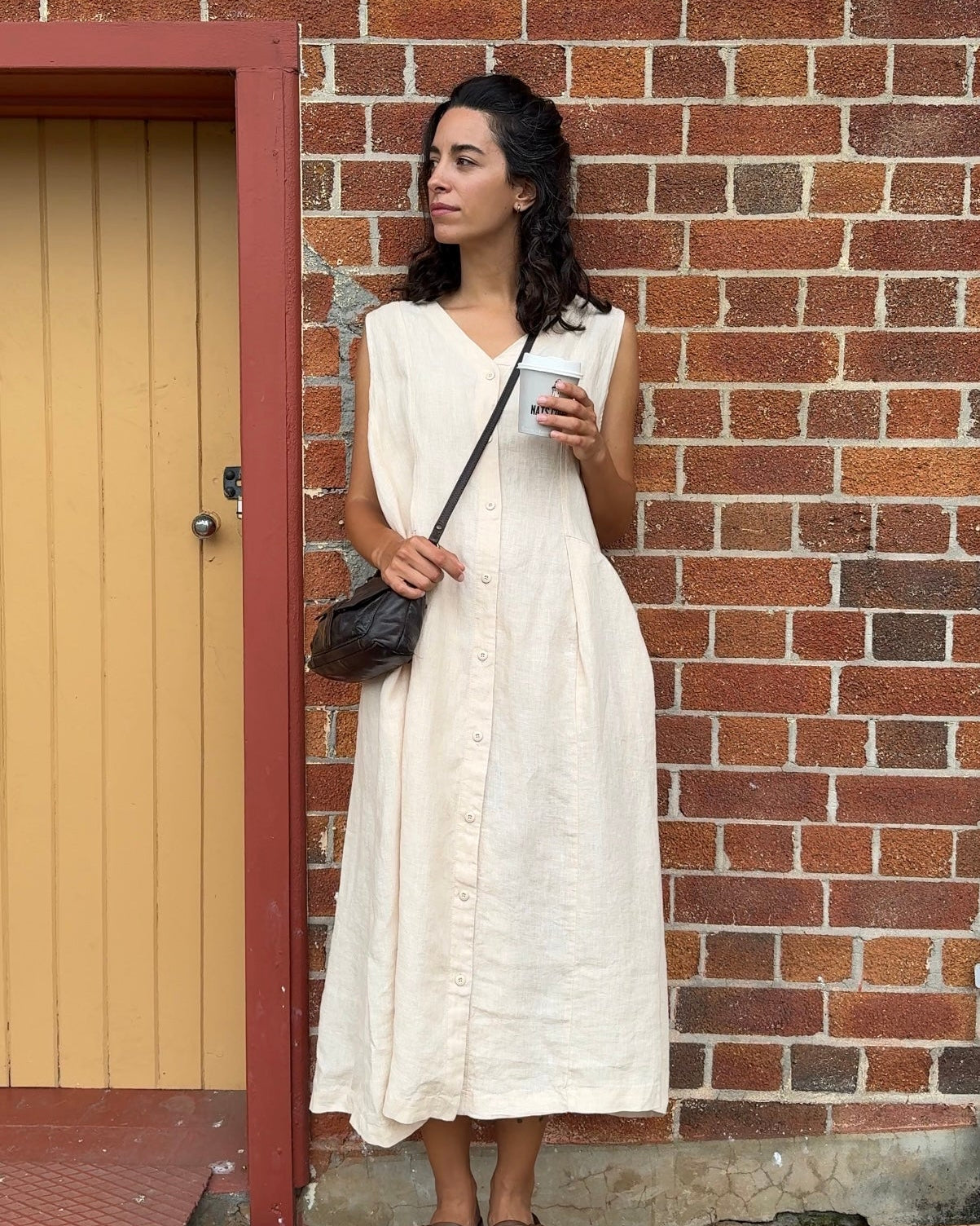 Montaigne Sorrento Button-Through French Linen V-Neck Dress Vanilla