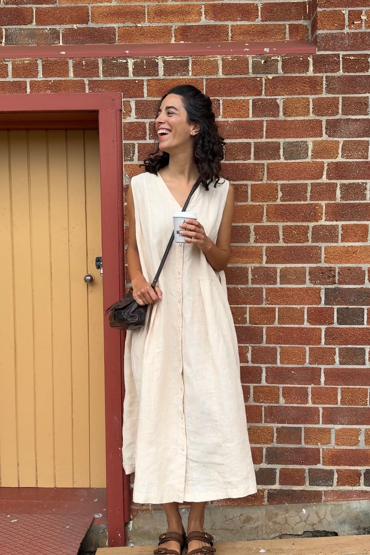 Montaigne Sorrento Button-Through French Linen V-Neck Dress Vanilla