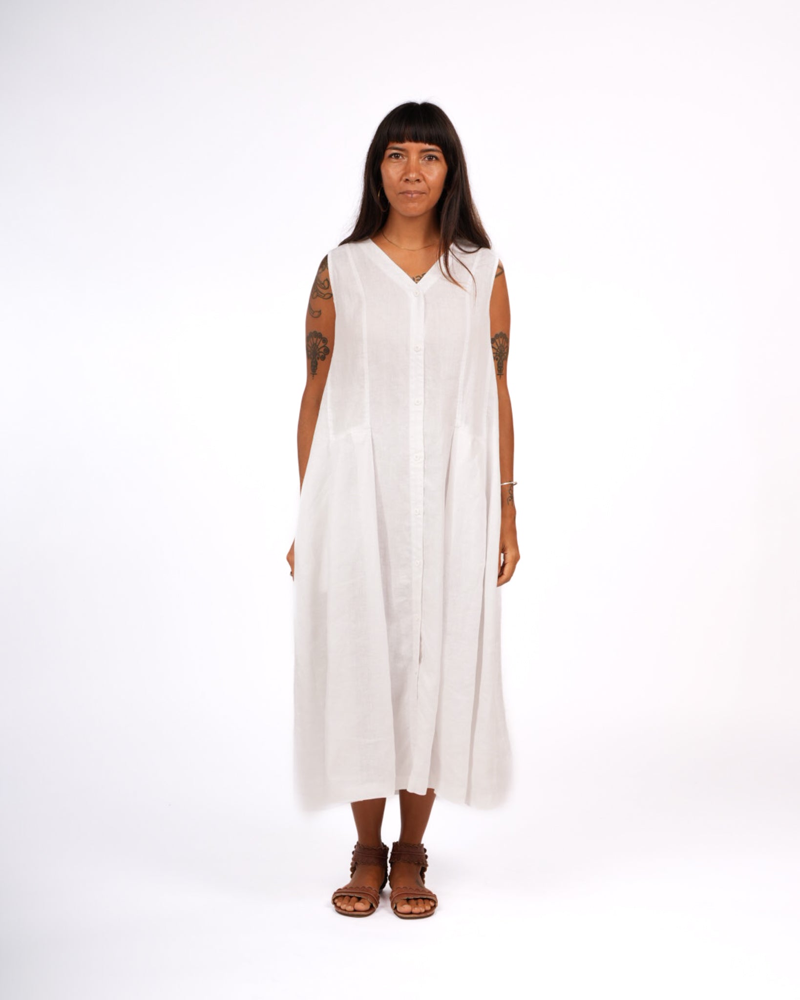 Montaigne Sorrento Button-Through French Linen V-Neck Dress White