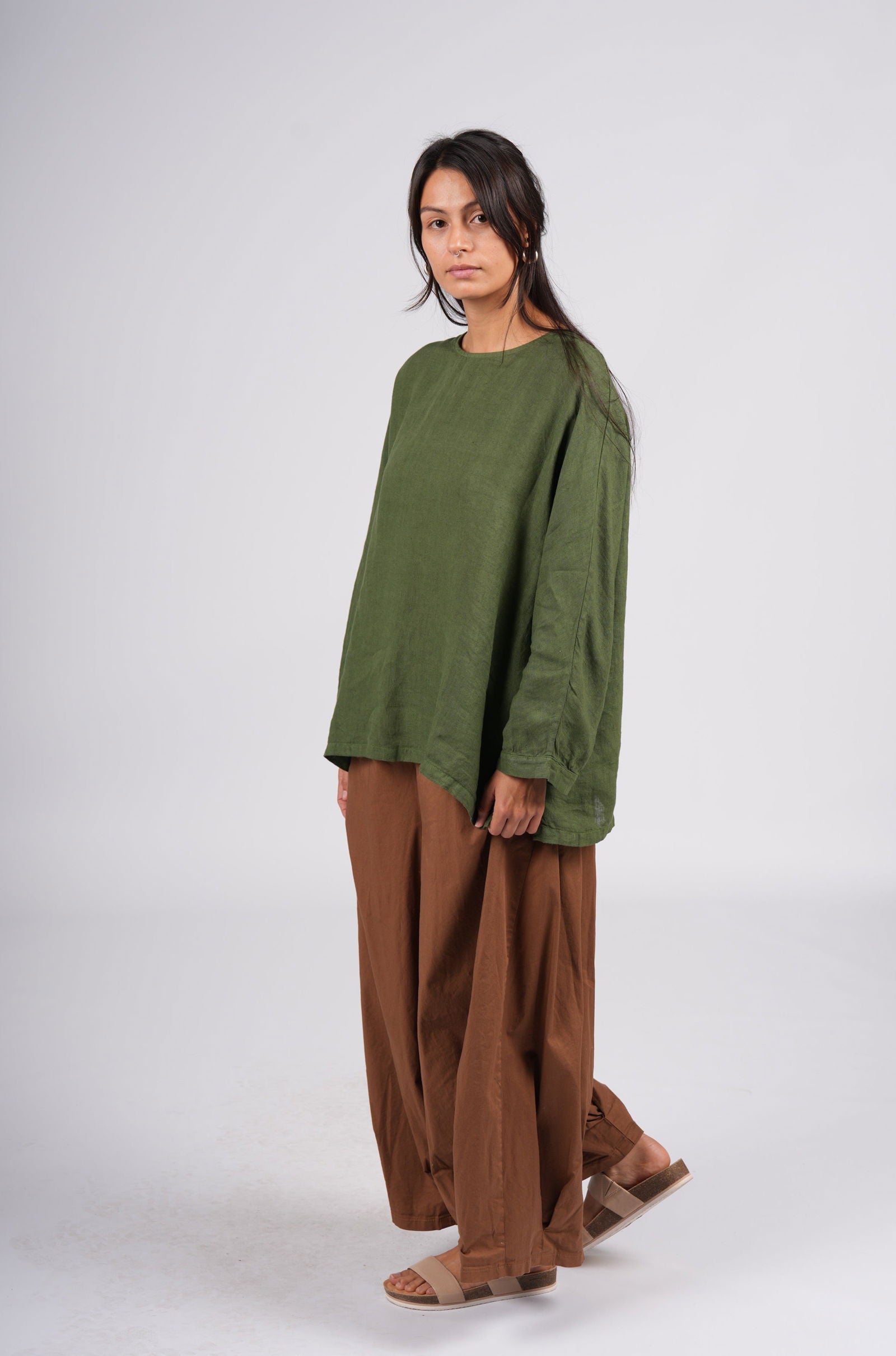 Montaigne Toulouse Linen Long Sleeve Top Forest Green