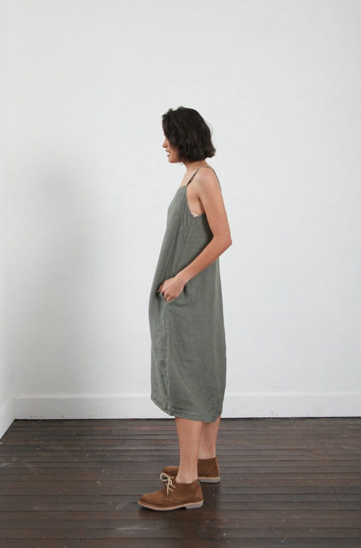 Montaigne Tulipe Linen Slip Dress Khaki2