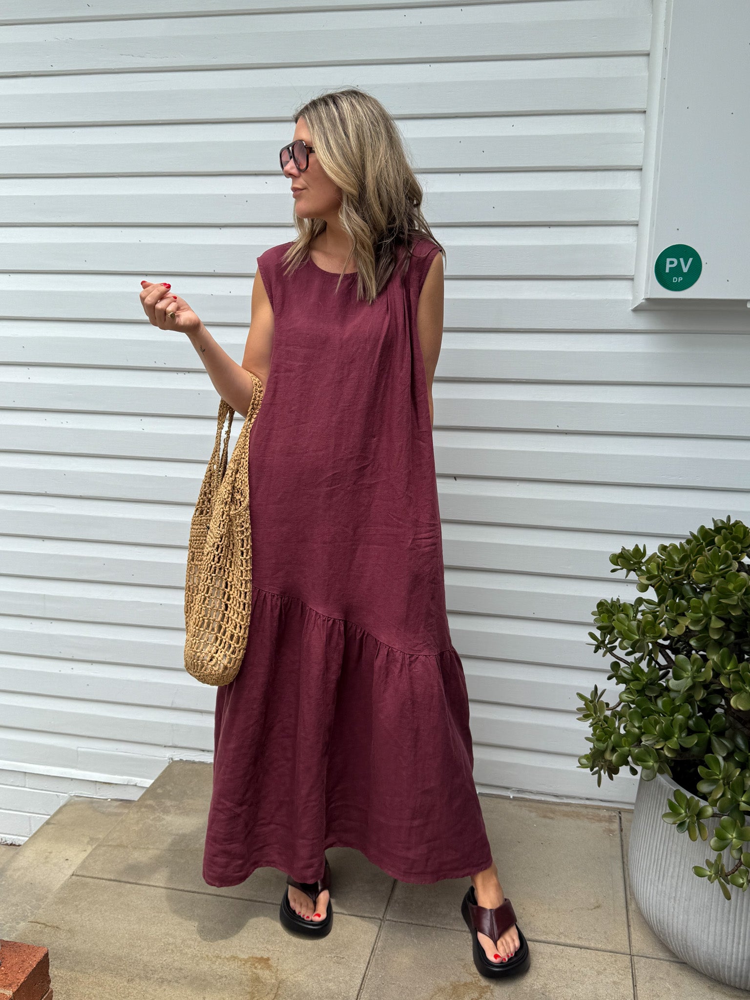 Montaigne Valerie Linen Maxi Dress Wine