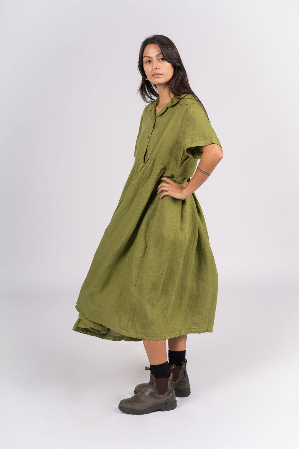 Montaigne Vianne Linen Dress with Pleats and Side Pockets Acid Green