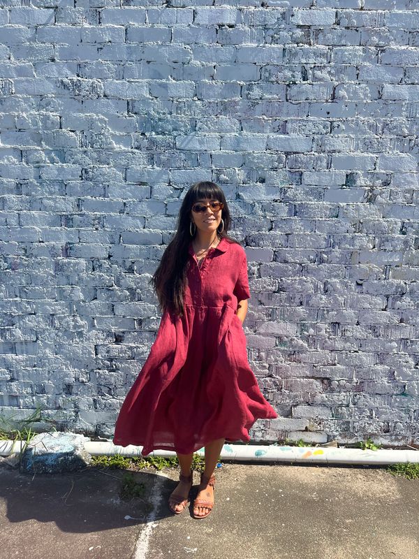 Montaigne Vianne Linen Dress with Pleats and Side Pockets Barn Red2