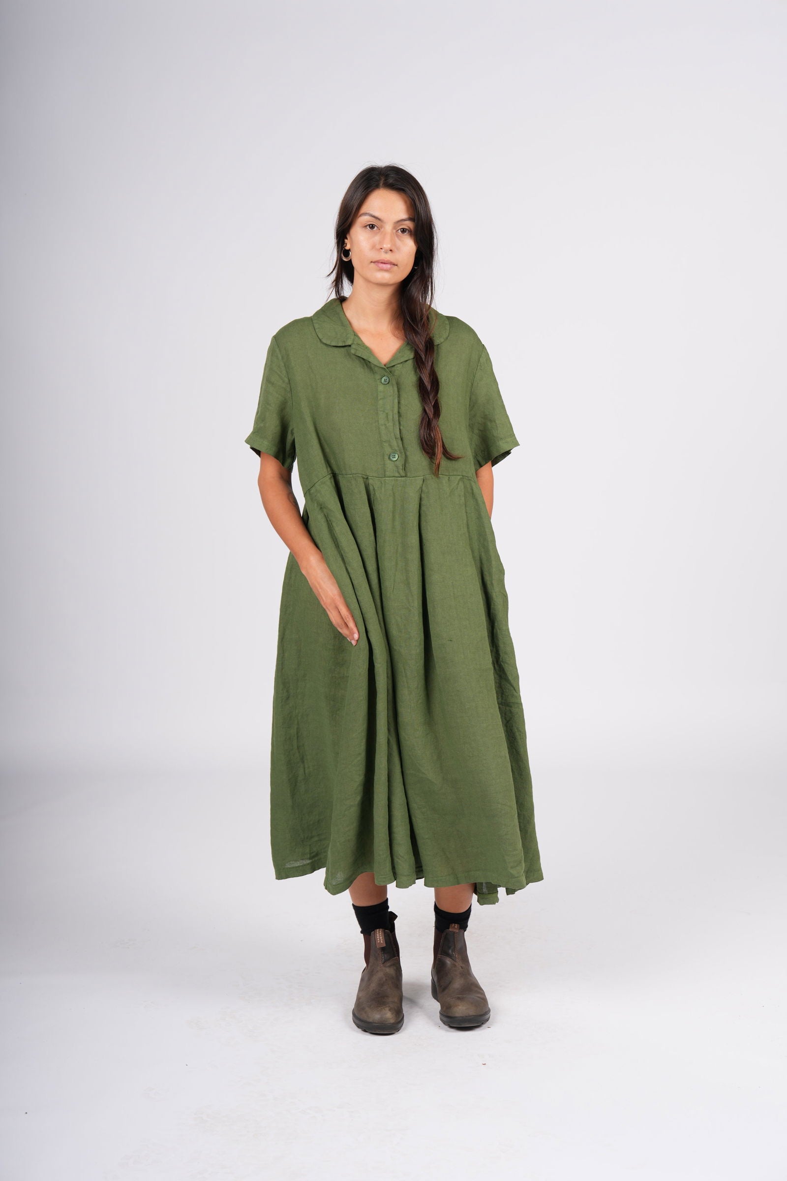 Montaigne Vianne Linen Dress with Pleats and Side Pockets Forest Green