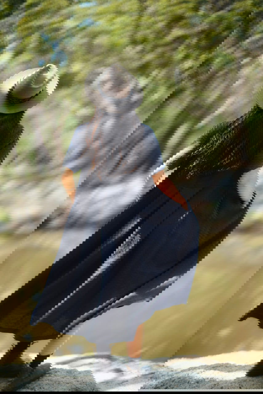 Montaigne Vianne Linen Dress with Pleats and Side Pockets Navy1