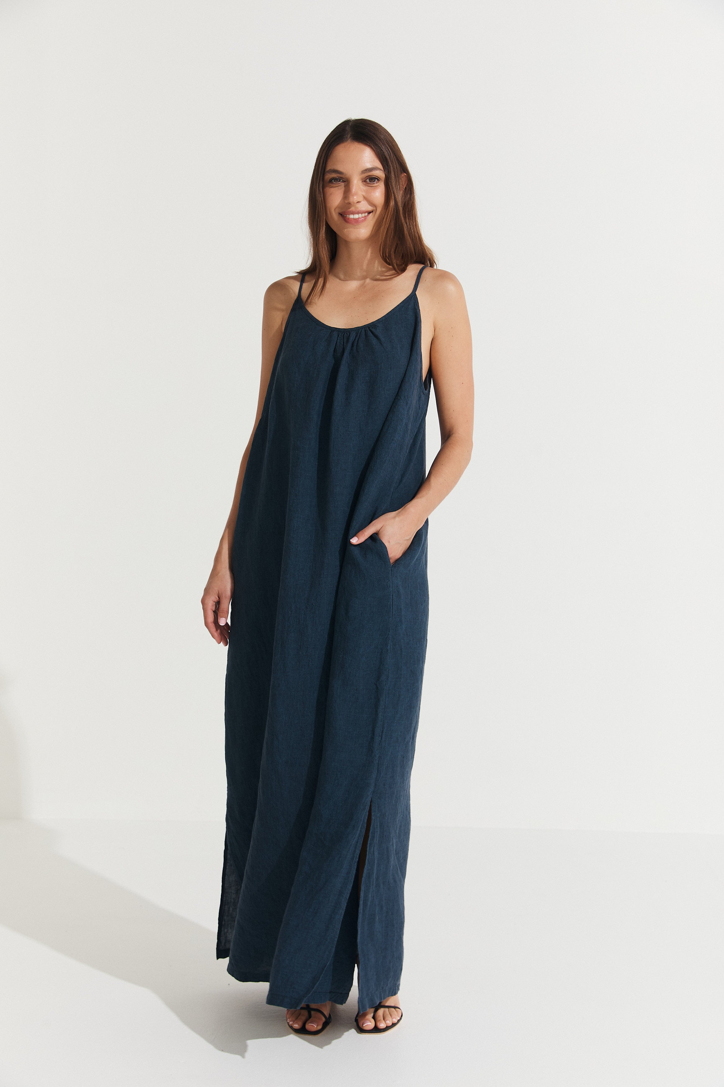 Montaigne Virginie Linen Maxi Dress with Side Splits Navy