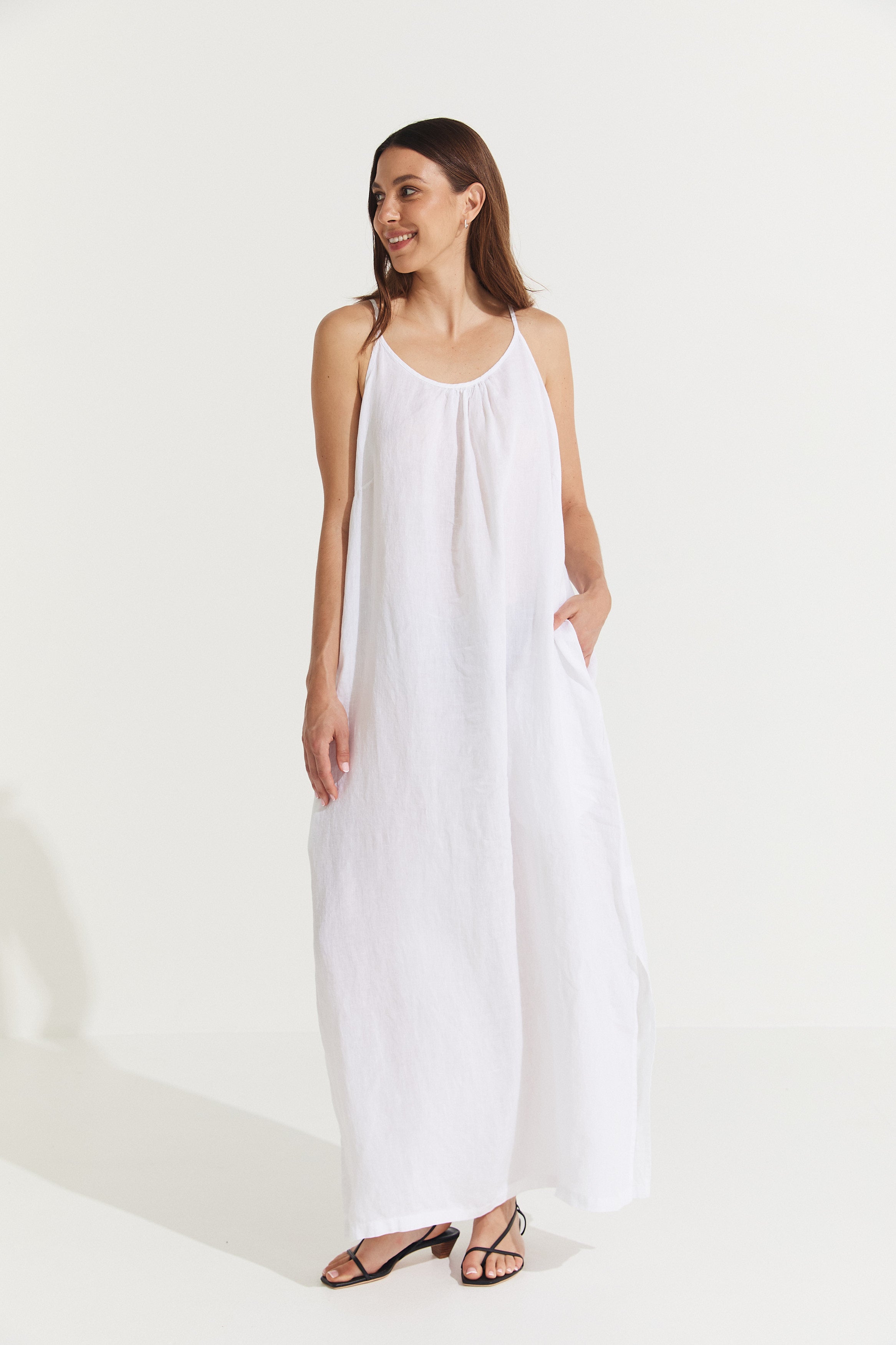 Montaigne Virginie Linen Maxi Dress with Side Splits White1