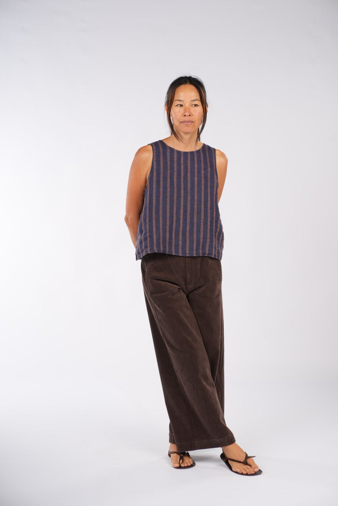 Montaigne Ava Linen Cami Top In Stripe Blue/Beige6