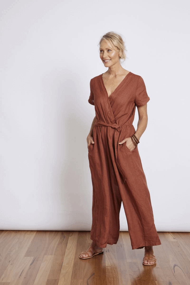 Montaigne Beatrice Linen Jumpsuit with Tie Rust1