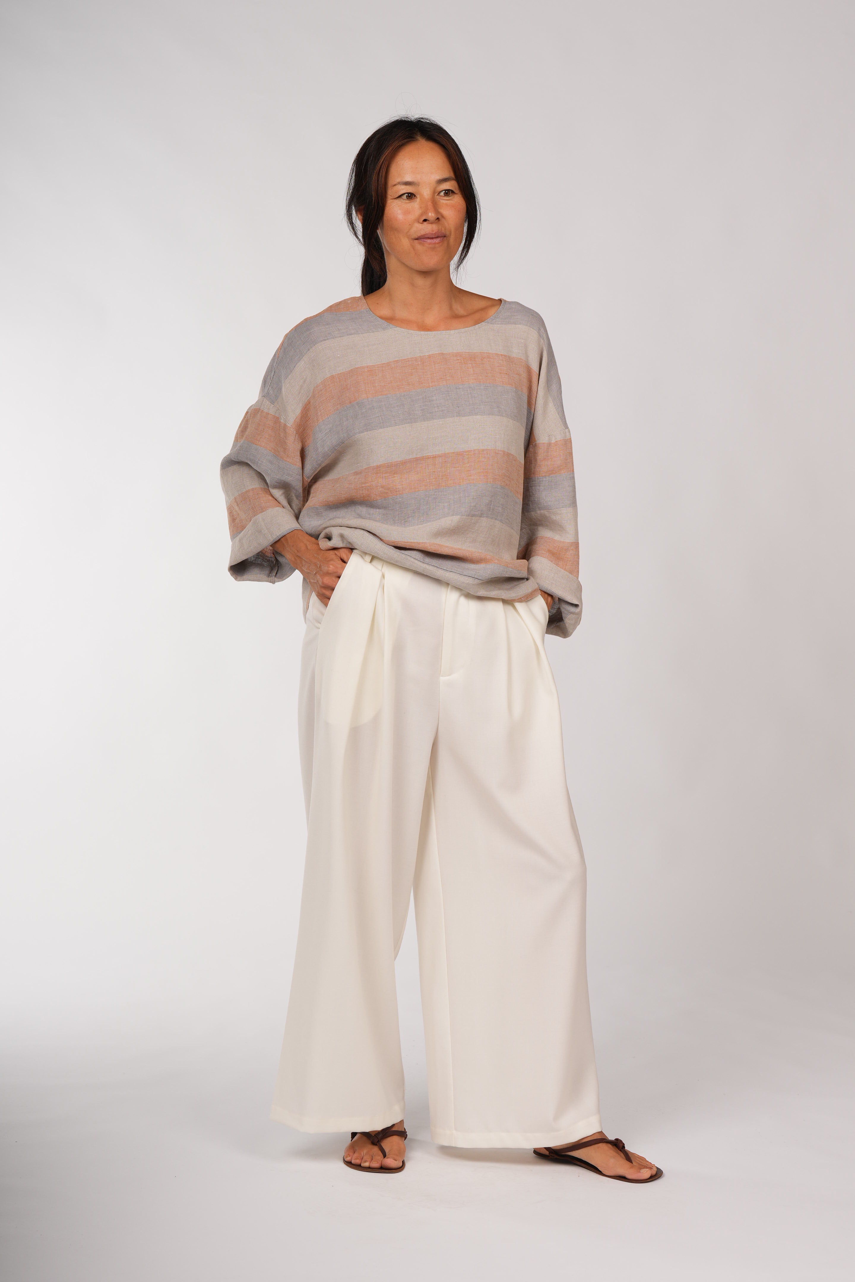 Montaigne Binoche French Stripe Linen Top Orange