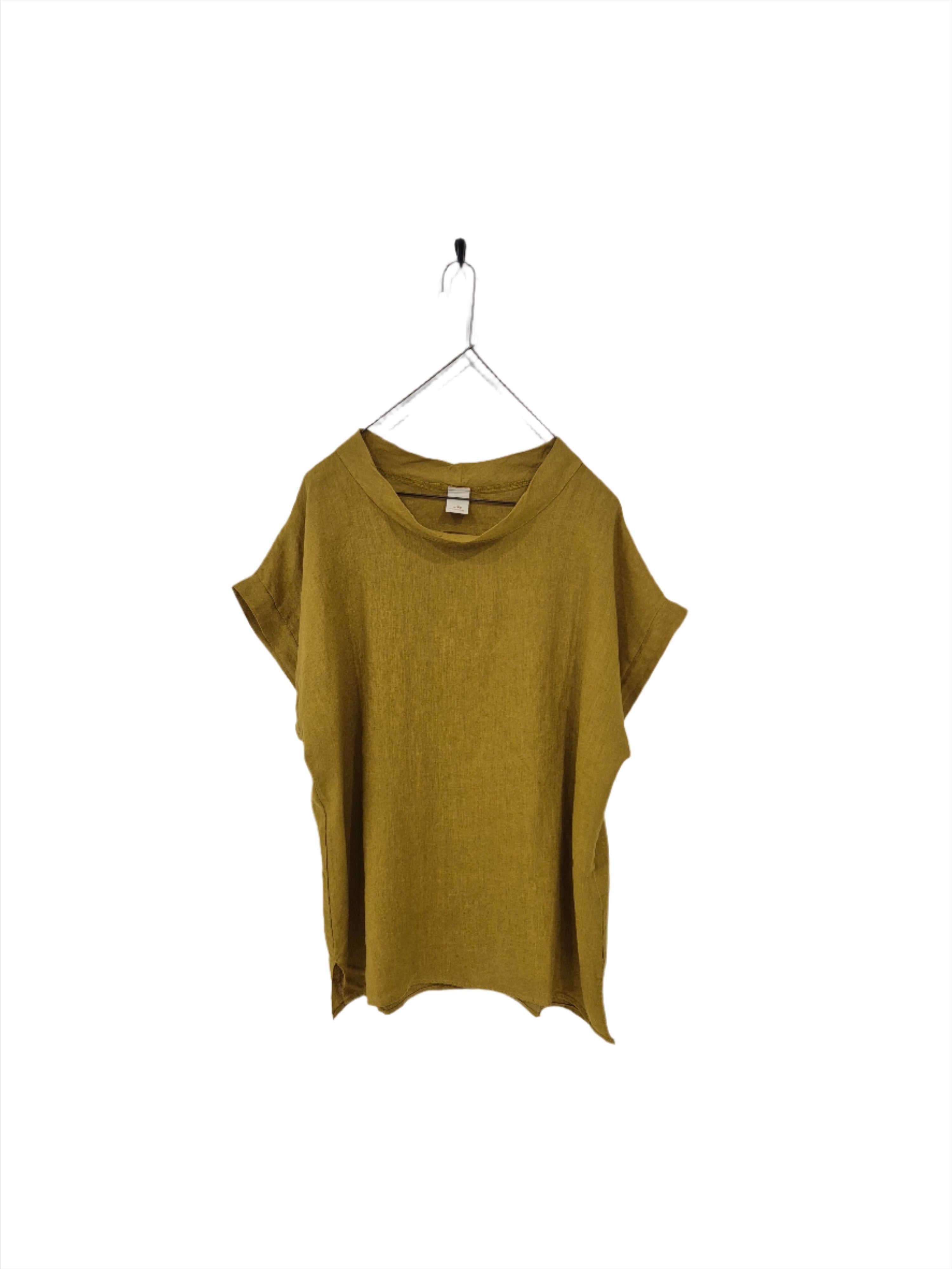 Montaigne European Linen Short Sleeve Top with Semi Cowl Neck Senape
