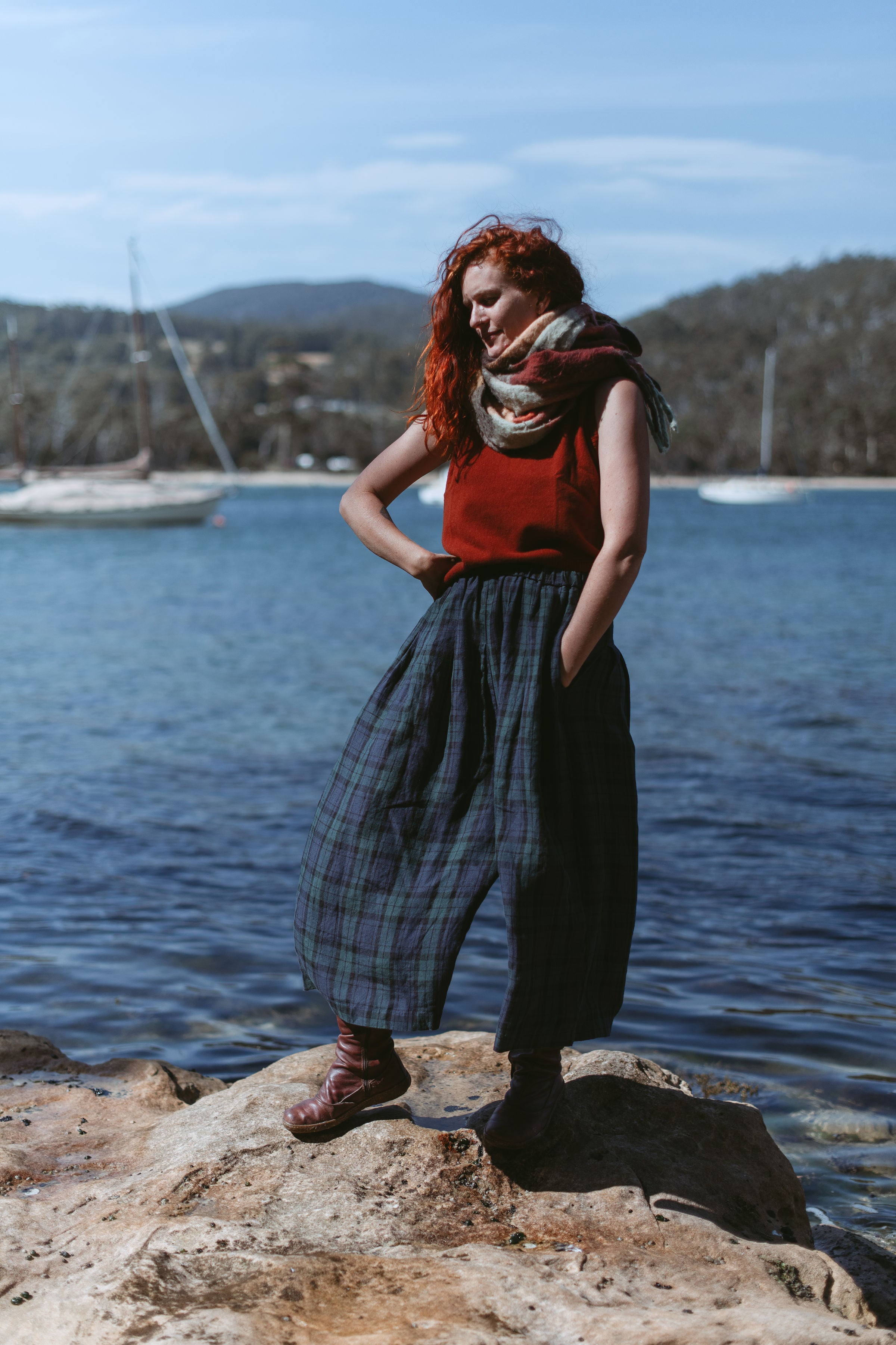 Montaigne Freya French Linen Pants in Blue Tartan Blue4