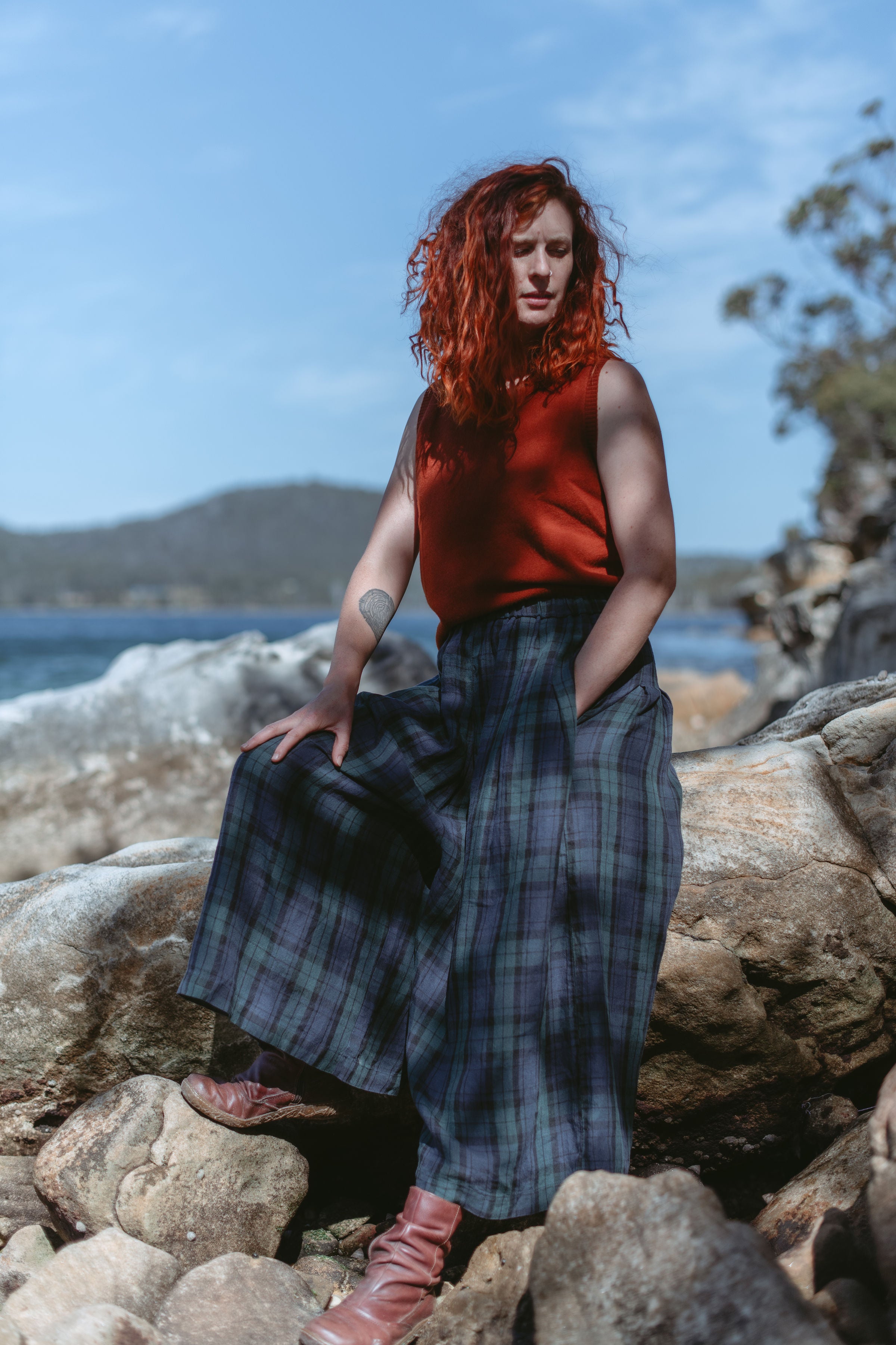 Montaigne Freya French Linen Pants in Blue Tartan Blue5