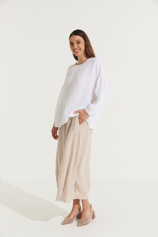 Montaigne Gina Linen Long Sleeve Top White3