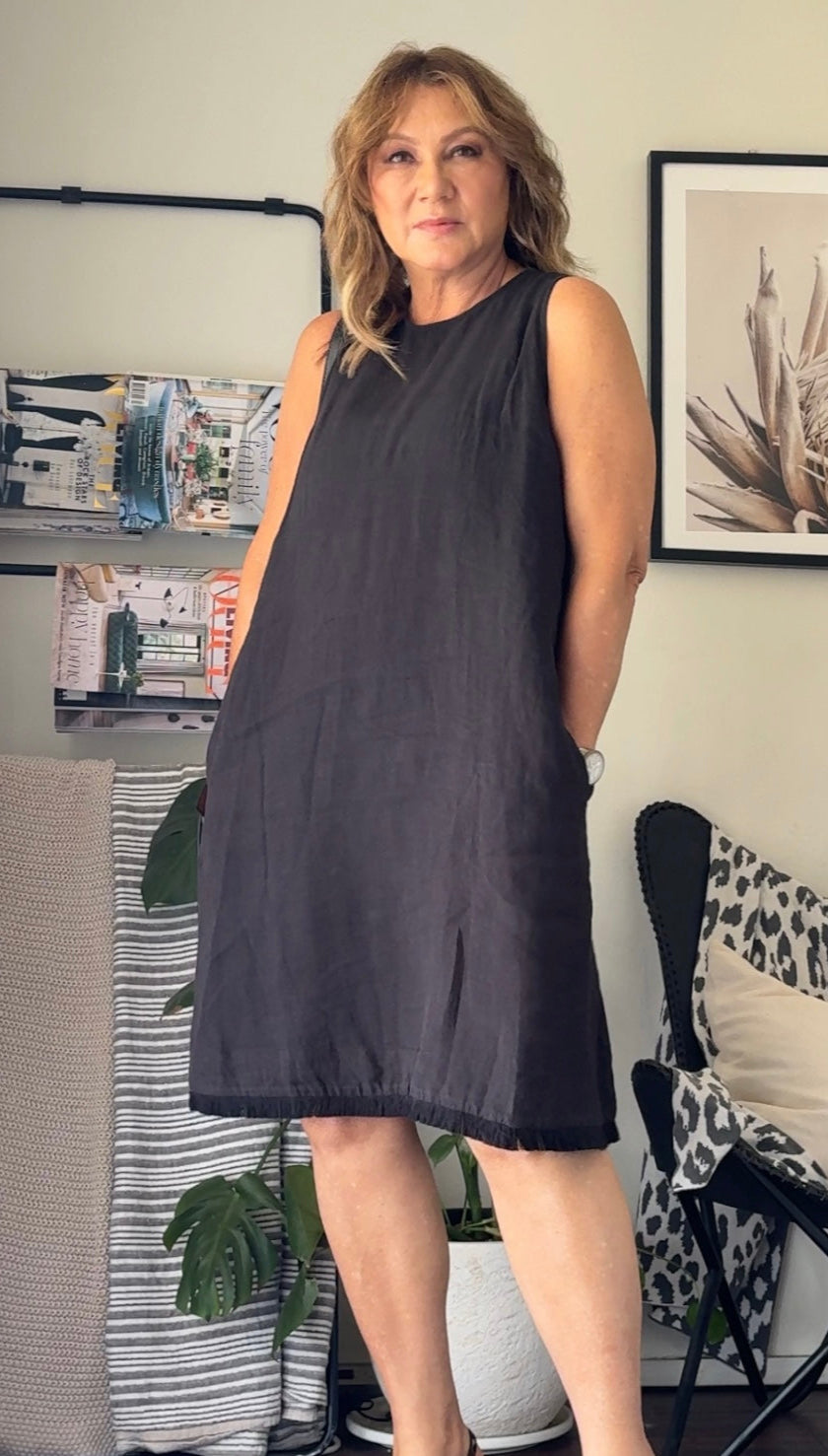 Montaigne Grace Linen Shift Dress with Raw Seam Black