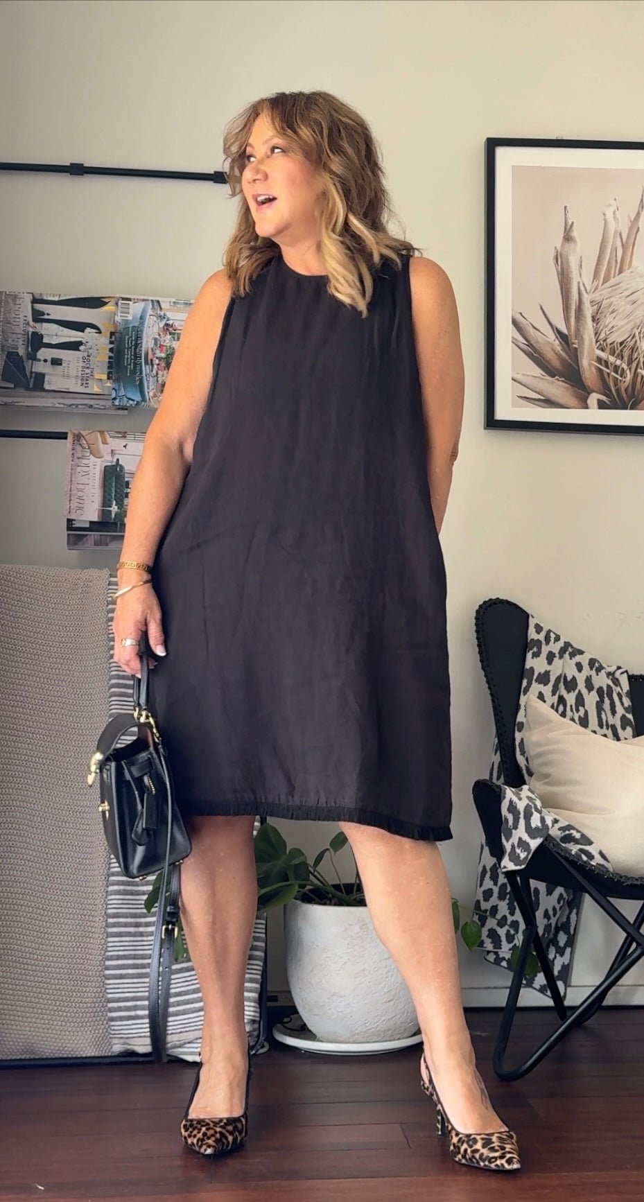 Montaigne Grace Linen Shift Dress with Raw Seam Black1