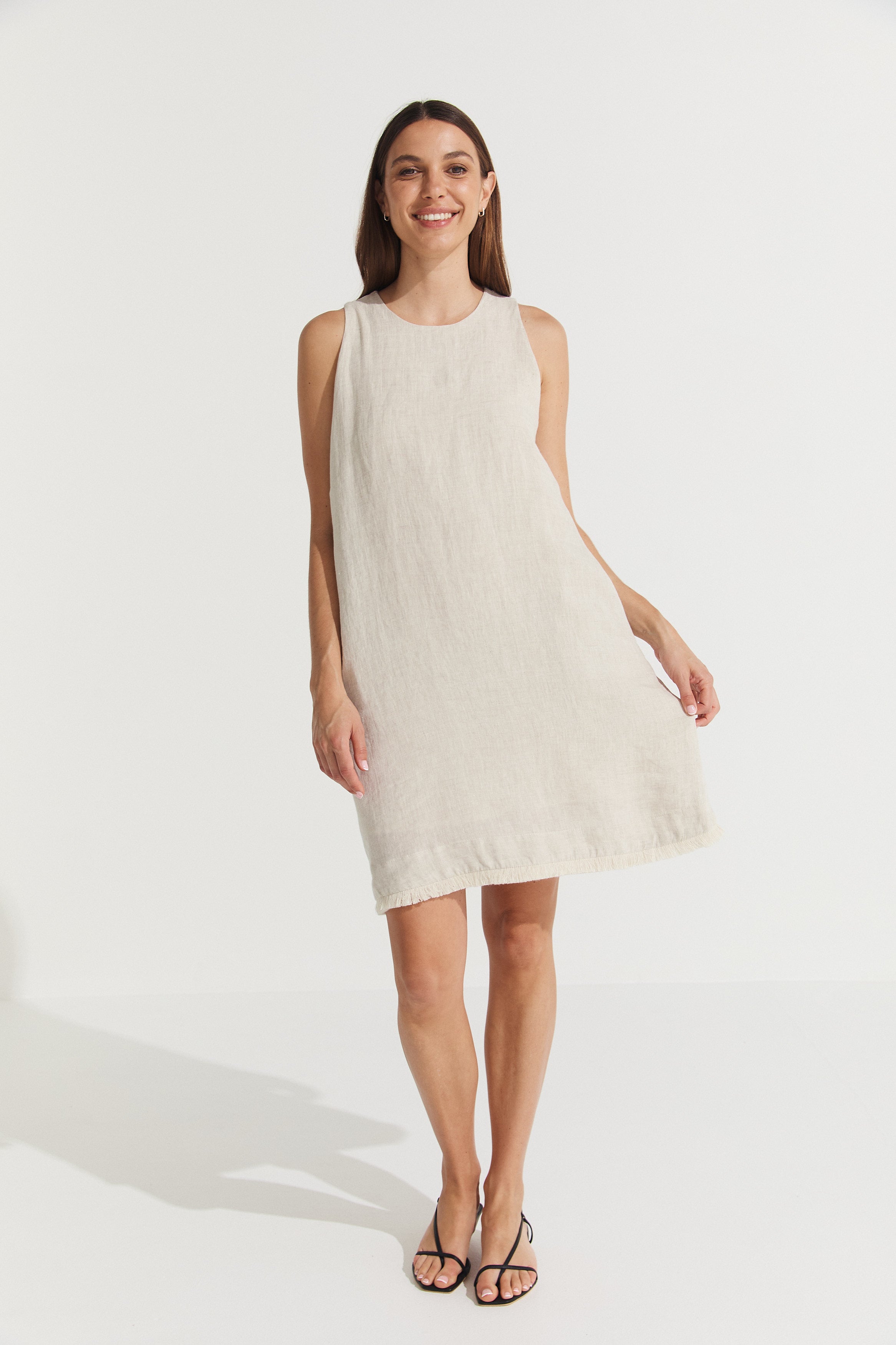 Montaigne Grace Linen Shift Dress with Raw Seam Natural1