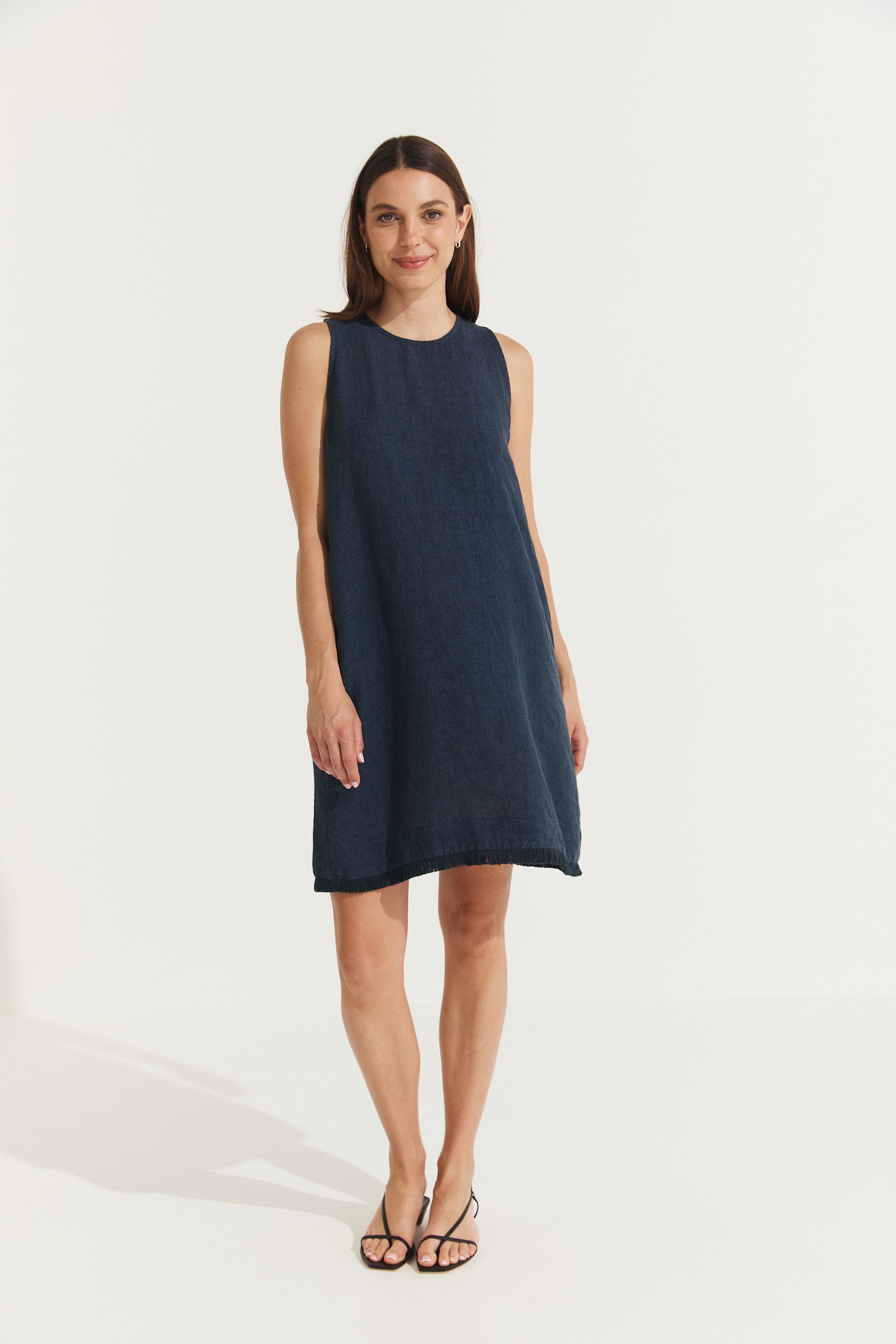 Montaigne Grace Linen Shift Dress with Raw Seam Navy1