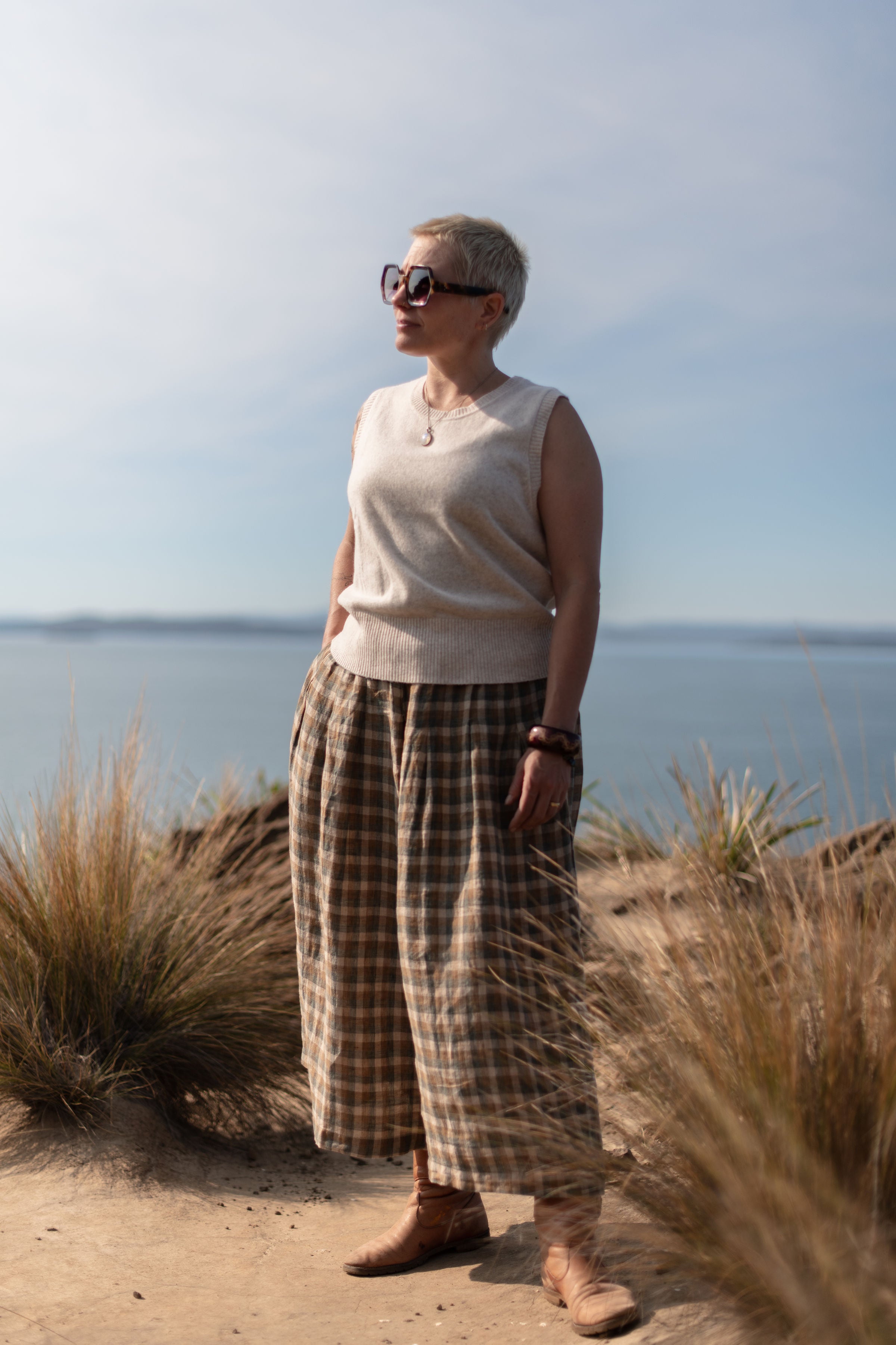 Montaigne Ingride French Linen Check Culottes Brown2