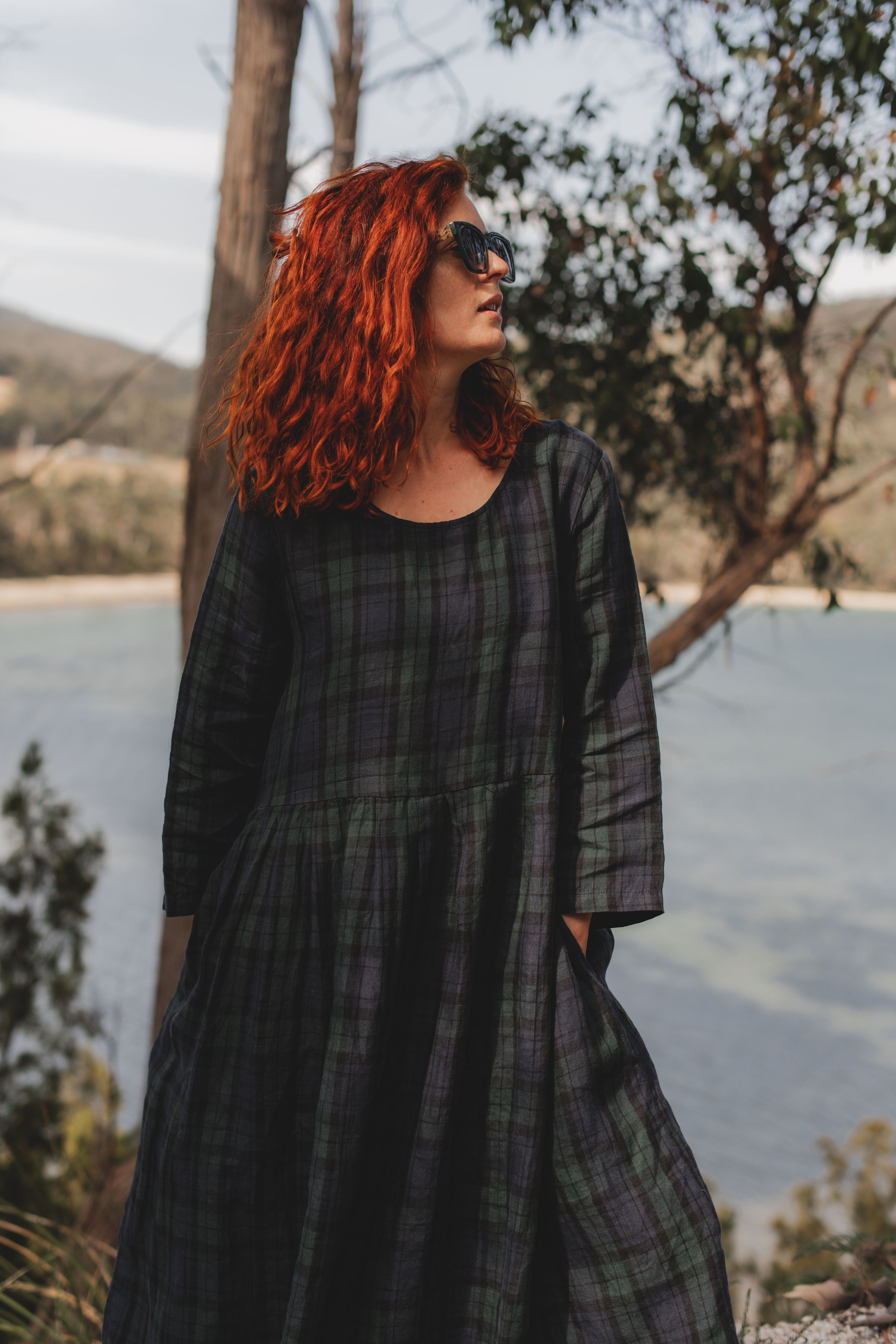 Montaigne Journee French Linen Dress in Blue Tartan Blue1
