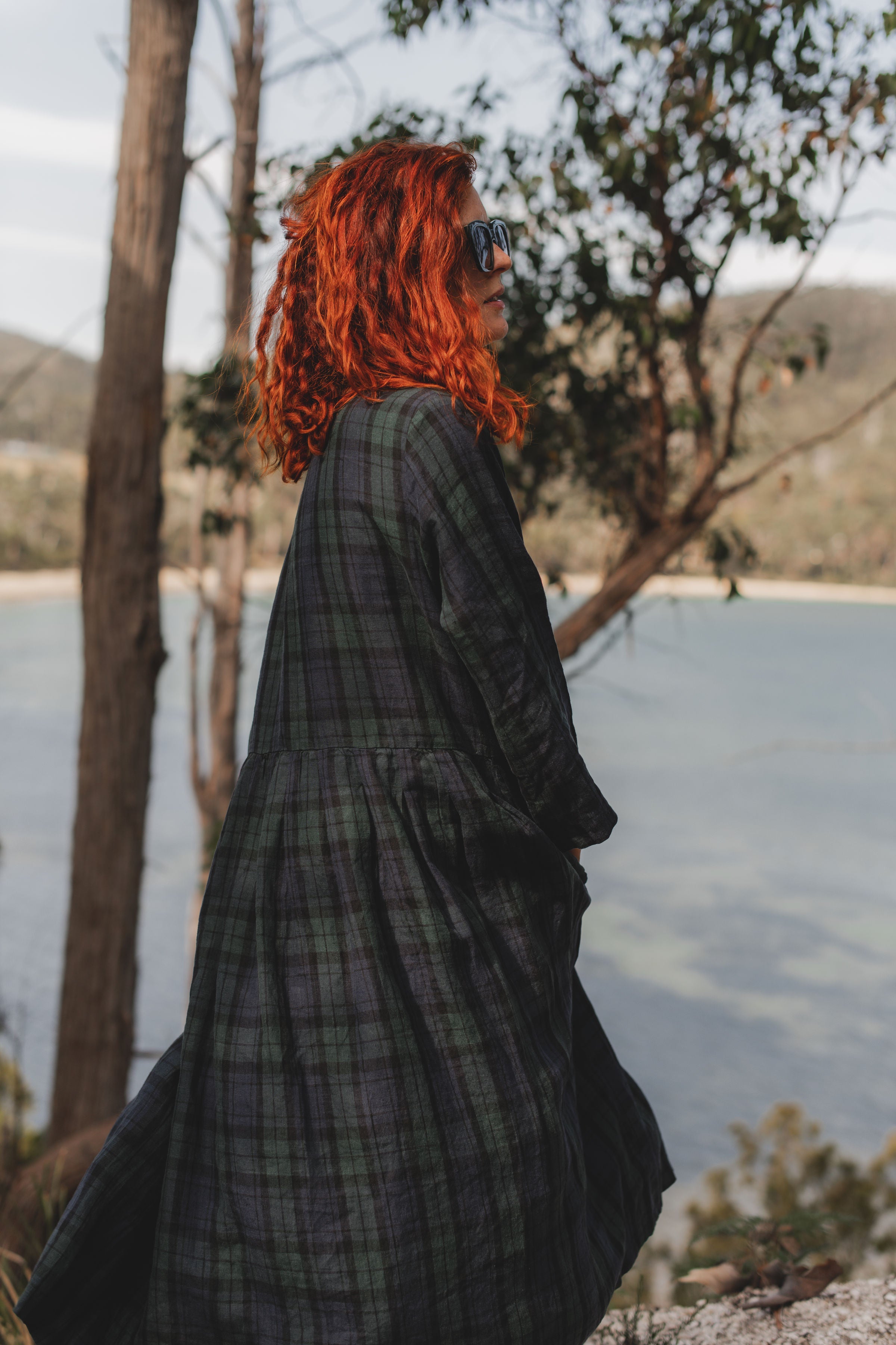 Montaigne Journee French Linen Dress in Blue Tartan Blue3