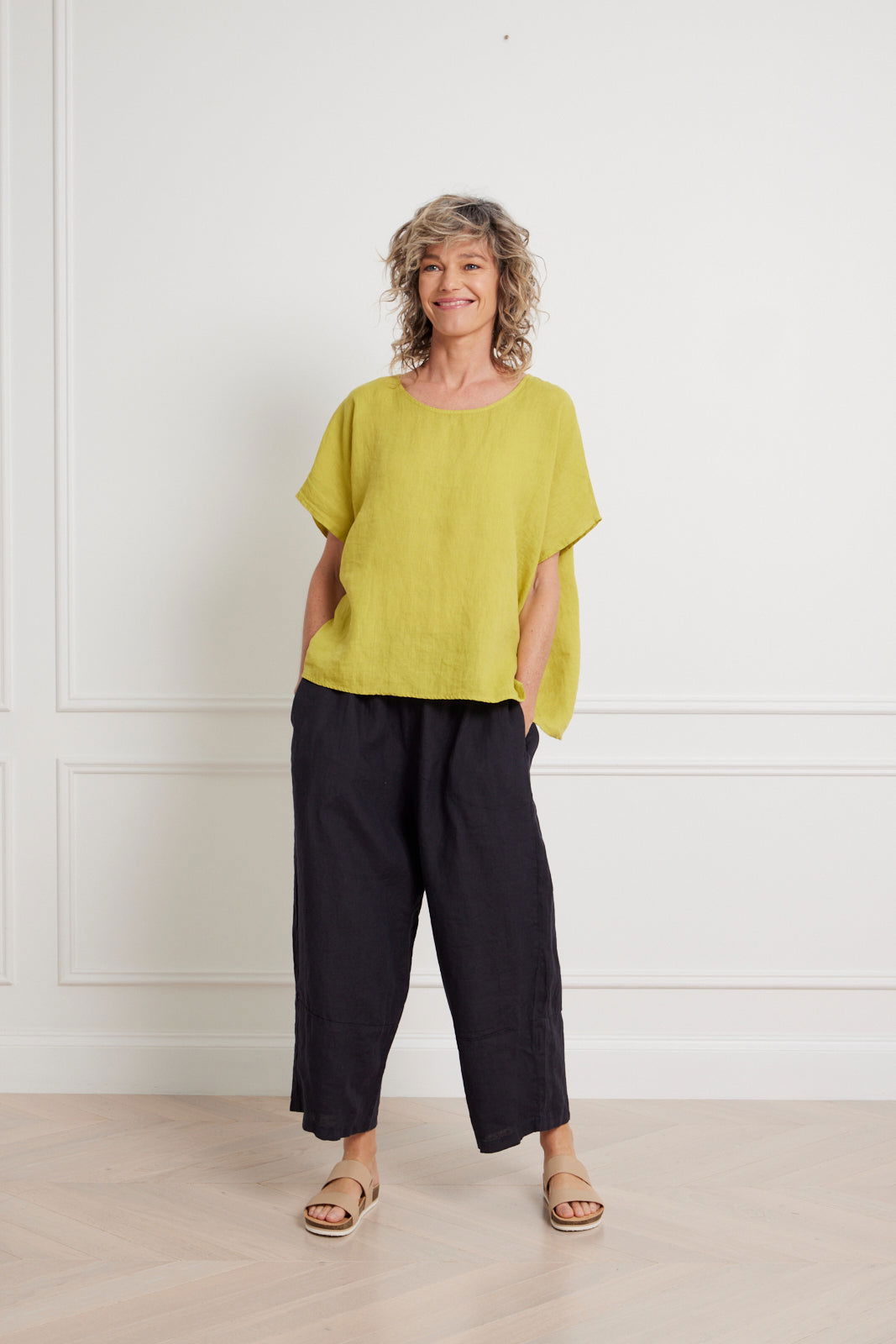 Montaigne Lee Linen Short Sleeve Top Acid Green