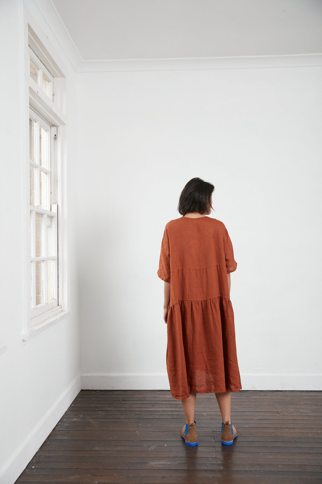Montaigne Louloute Linen Smock Dress with Pockets Rust1