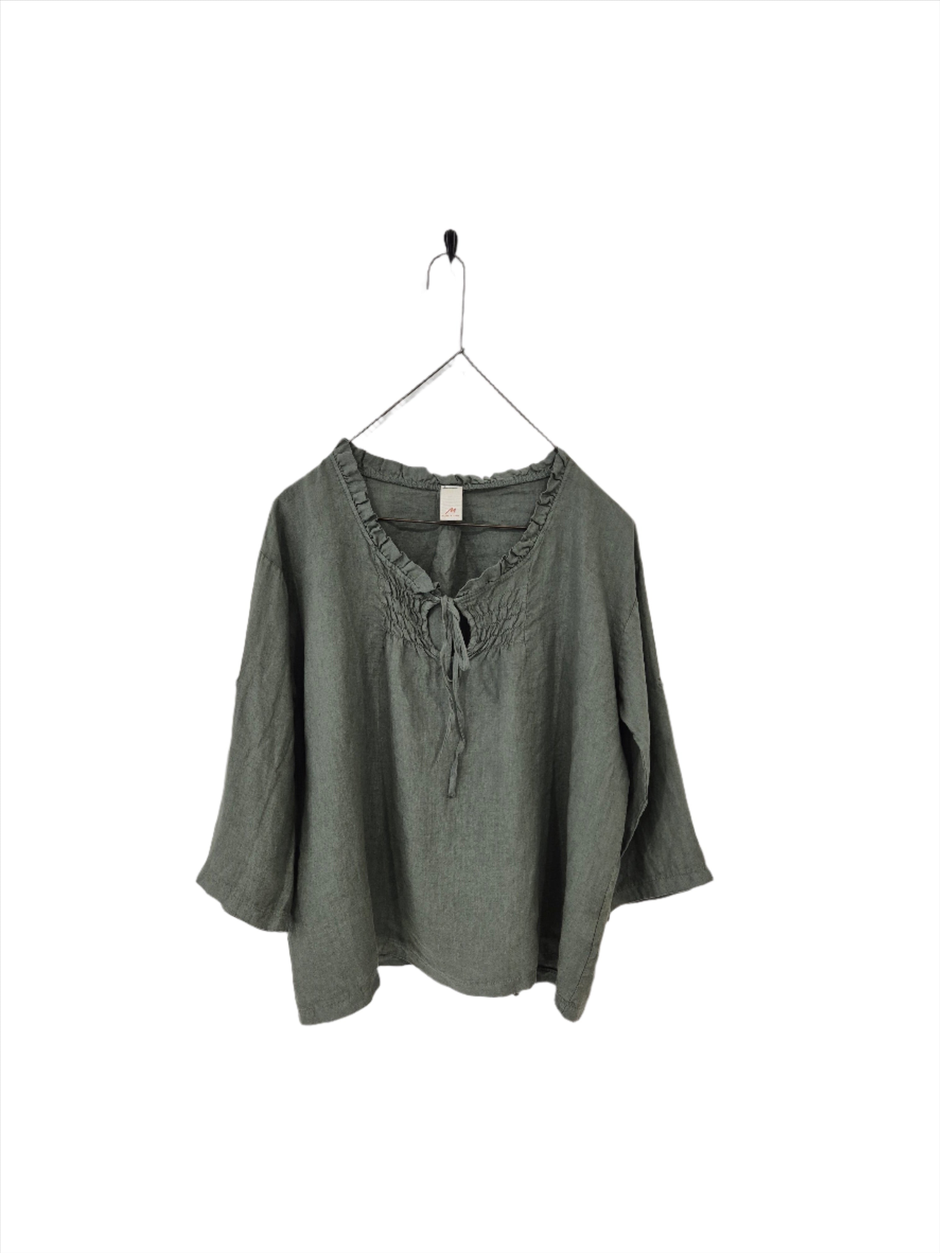 Montaigne Marais Linen Top with Tie Detail Khaki