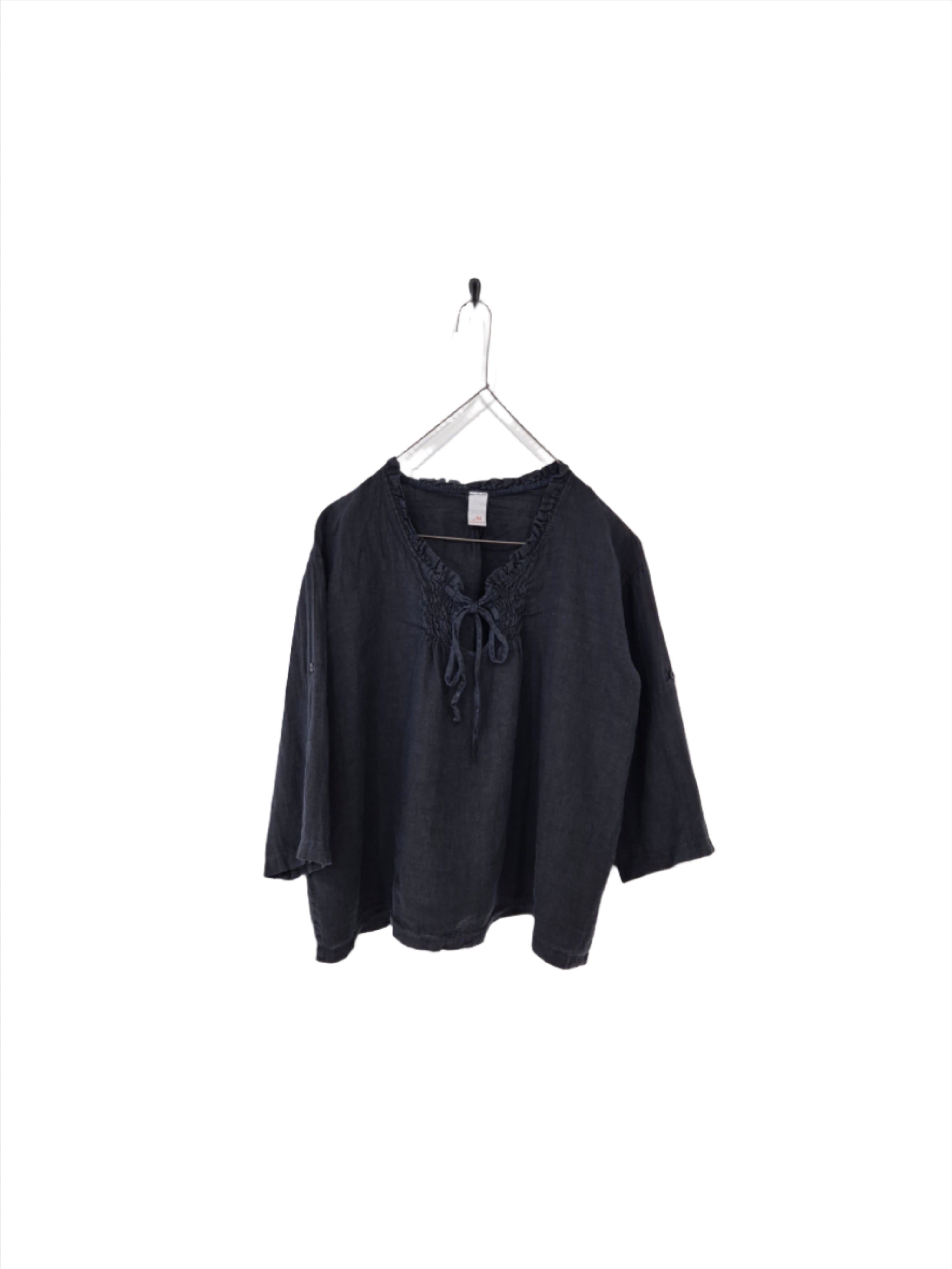Montaigne Marais Linen Top with Tie Detail Navy