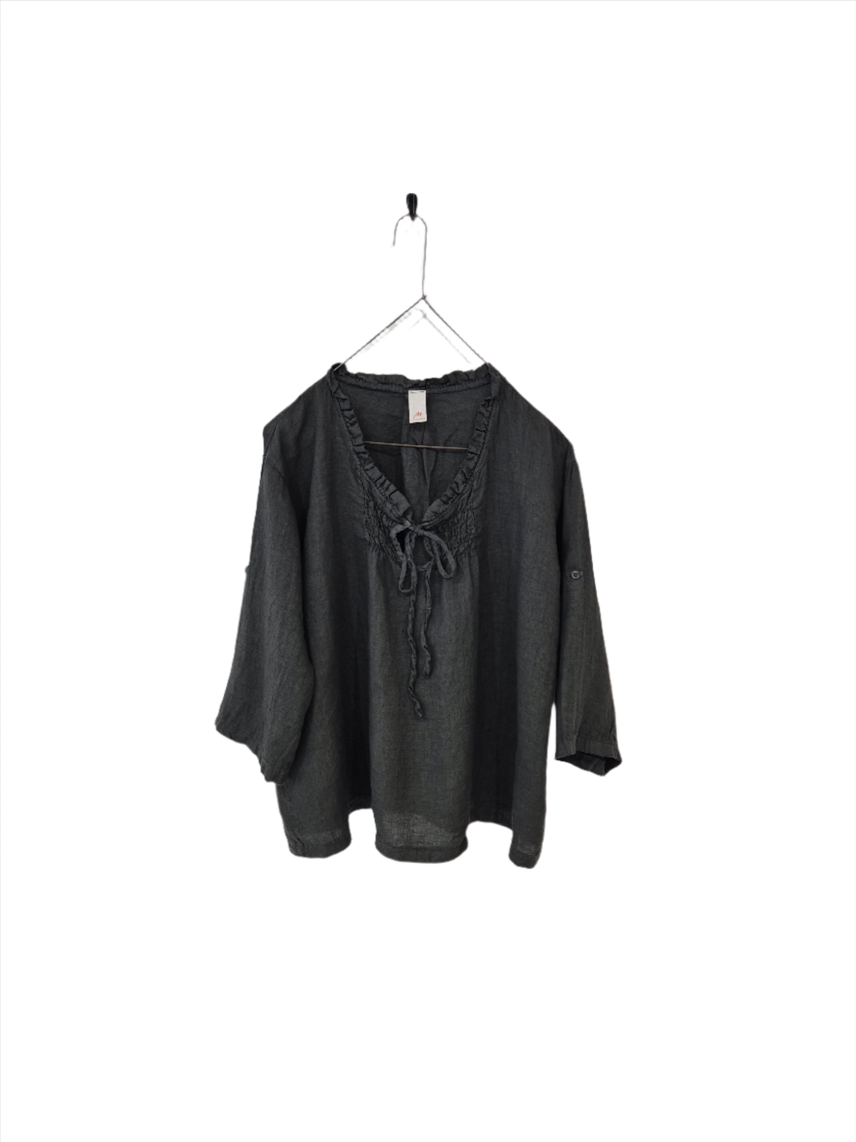 Montaigne Marais Linen Top with Tie Detail Petrol