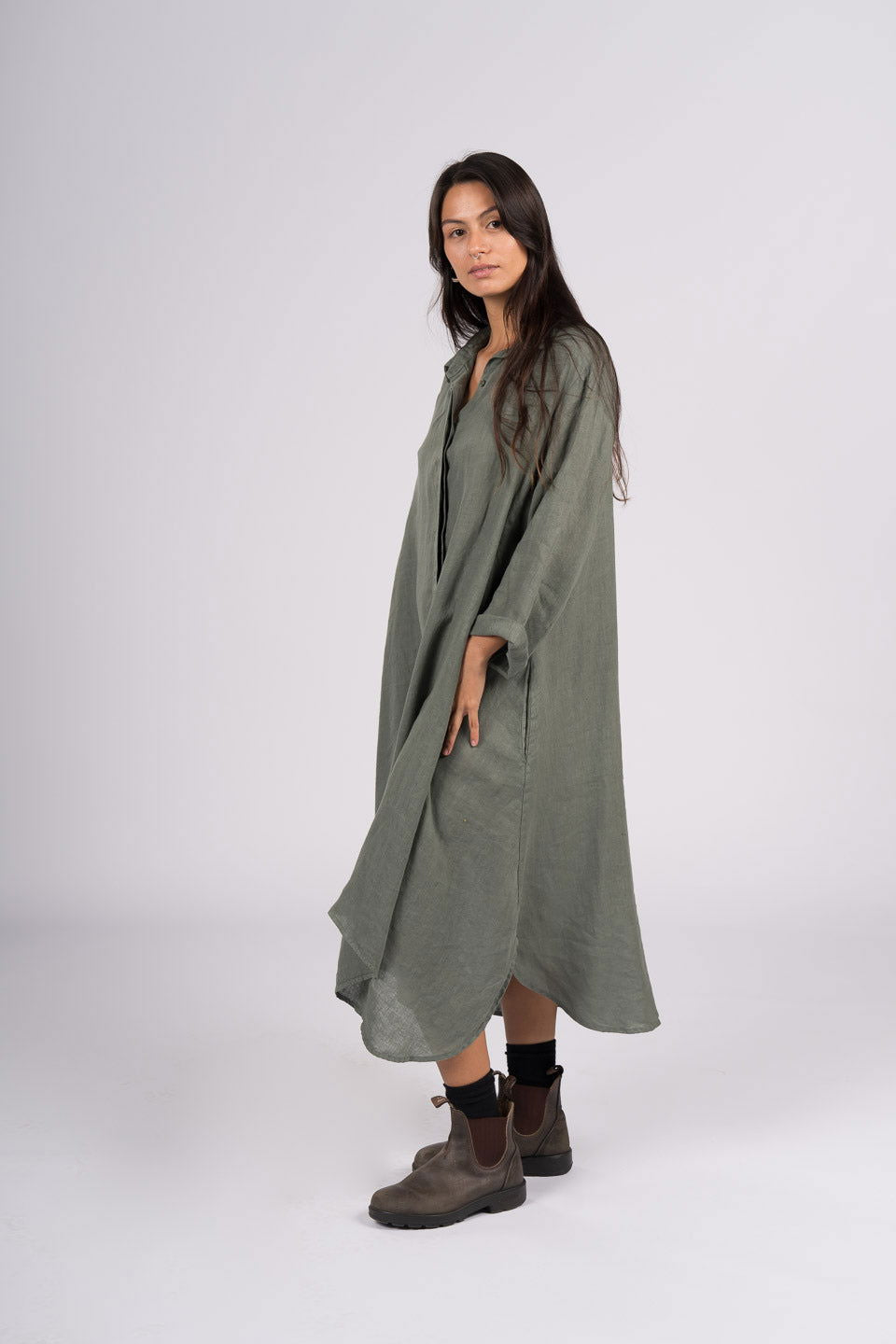Montaigne Margaux Long Sleeve Shirt Dress Khaki