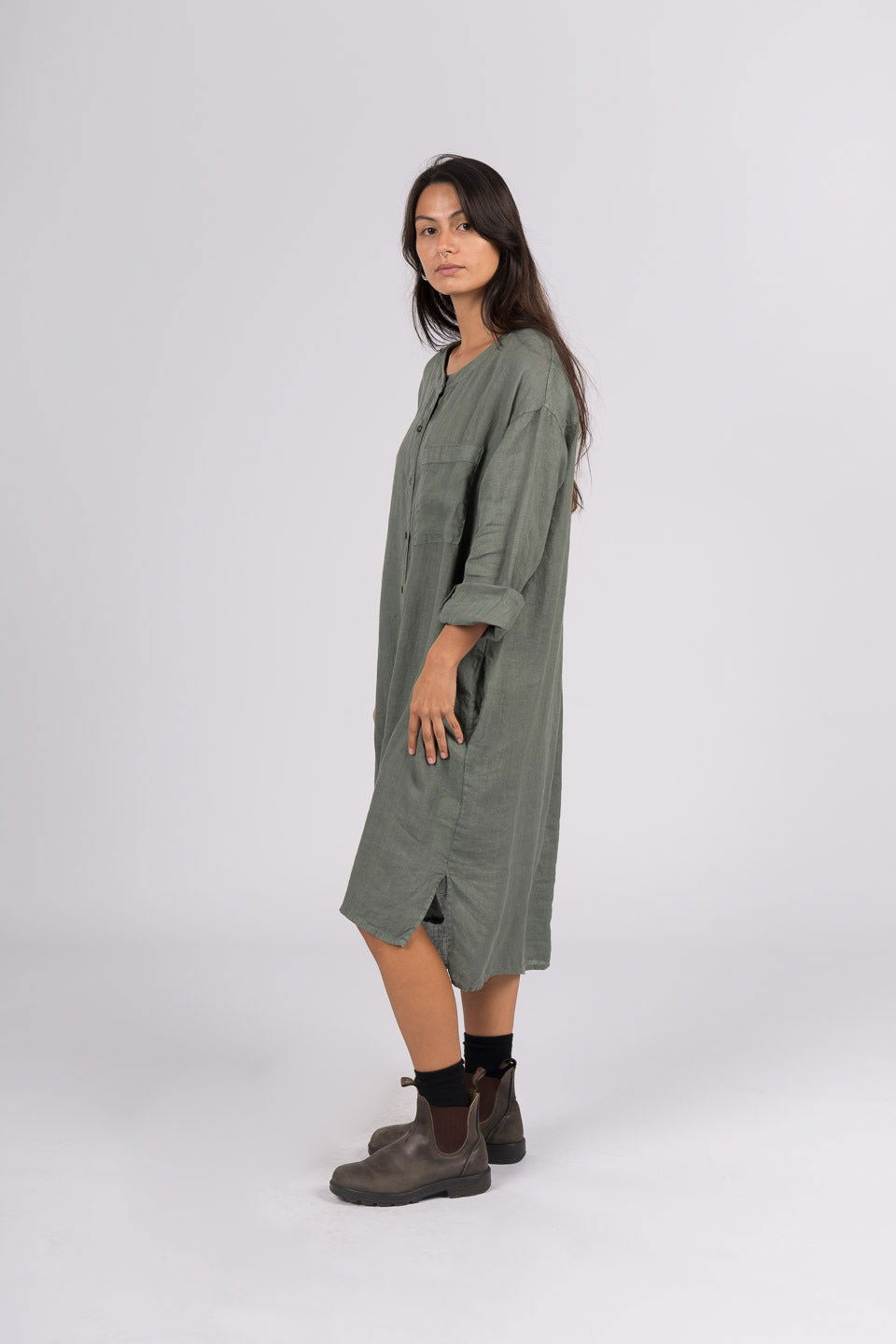 Montaigne Marion Linen Button-Up Dress Khaki2