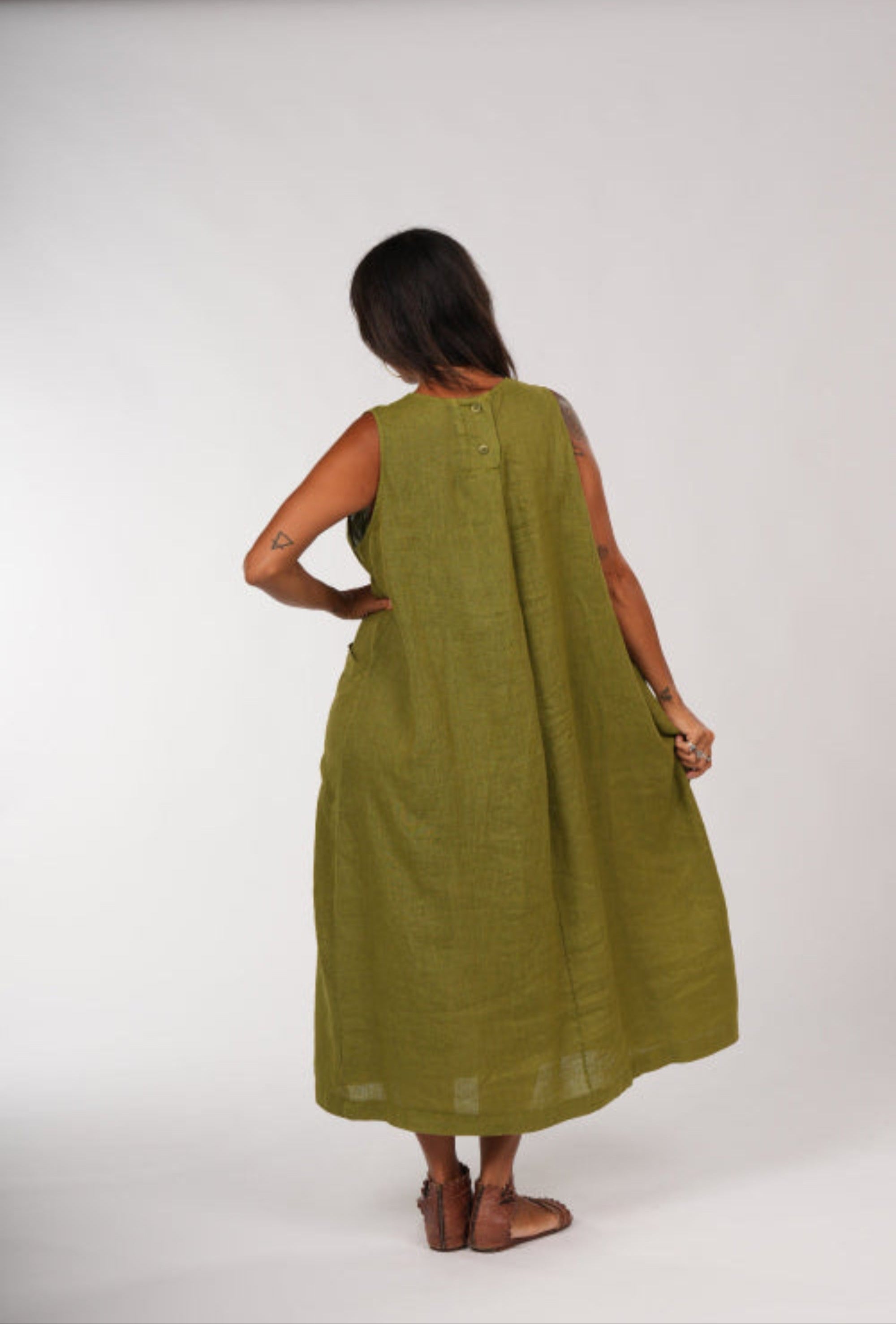 Montaigne Remy Linen Dress with Deep Front Pockets Acid Green2