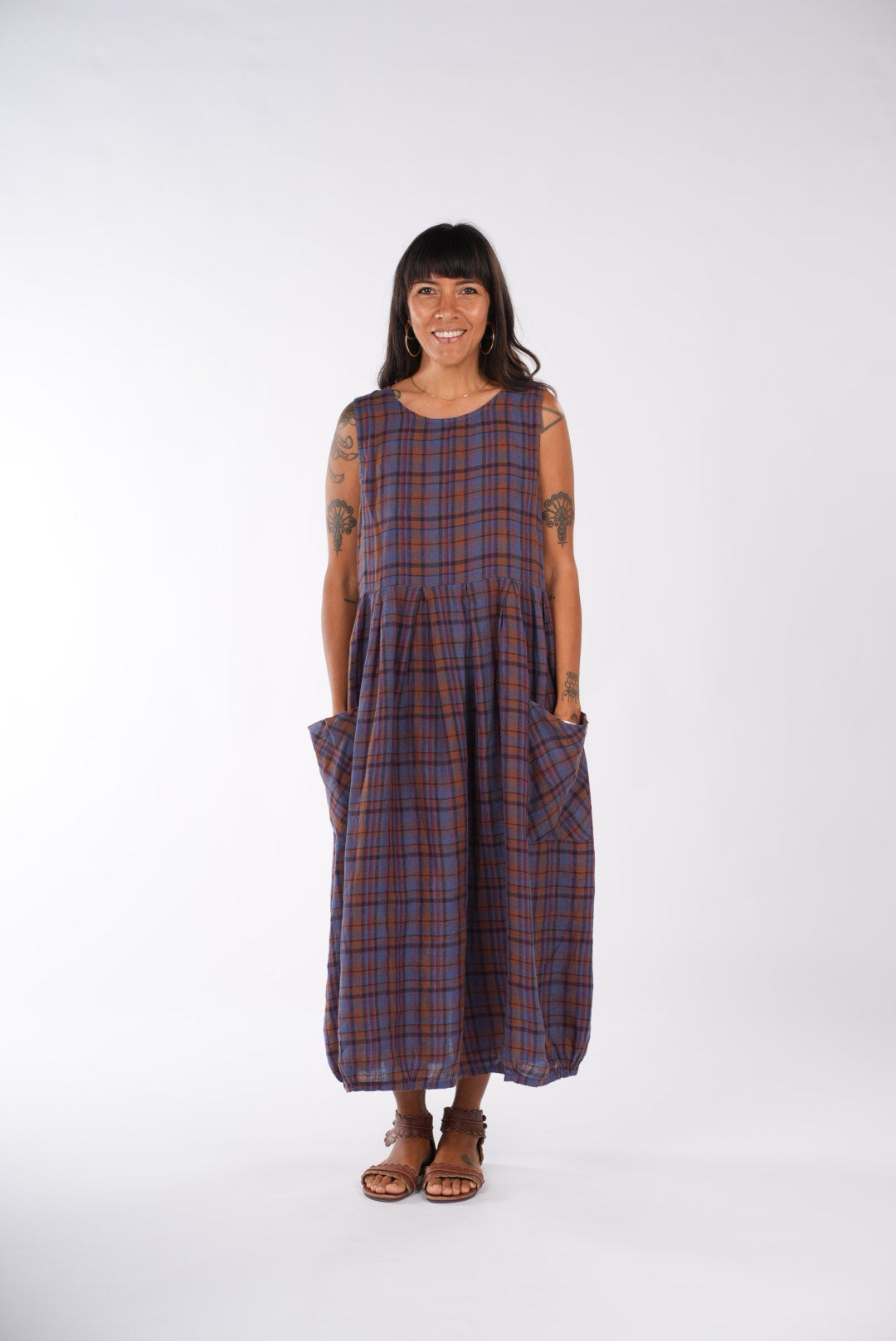 Montaigne Sartene French Linen Dress In Check Blue/Brown1