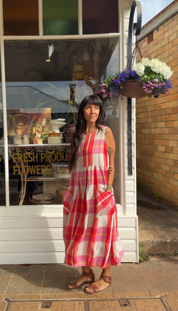 Montaigne Sartene Linen Dress in Orange Check1